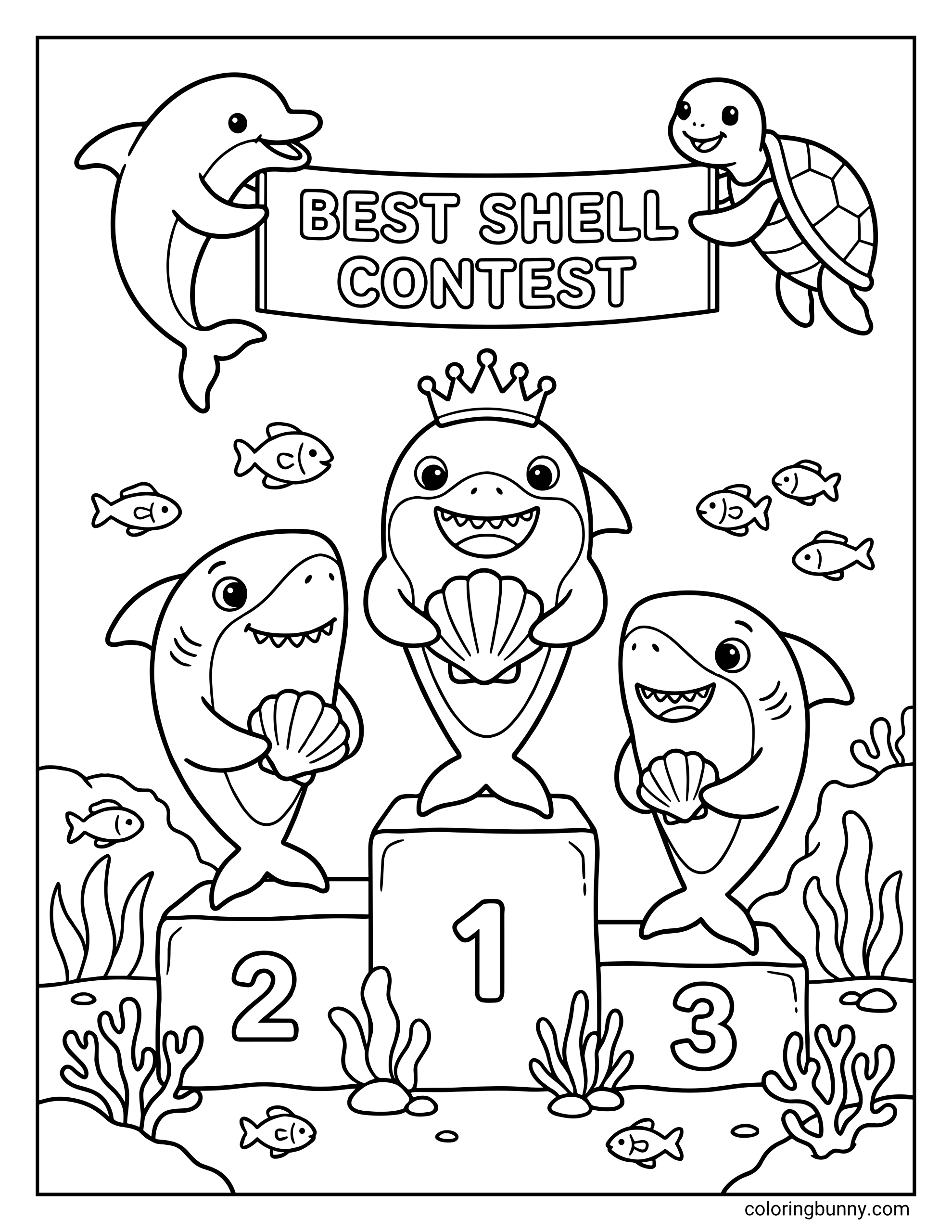 A fun and cute shark coloring page featuring three sharks standing on a winner's podium for a "Best Shell Contest". A dolphin and a sea turtle hold up the contest banner above the celebrating sharks.