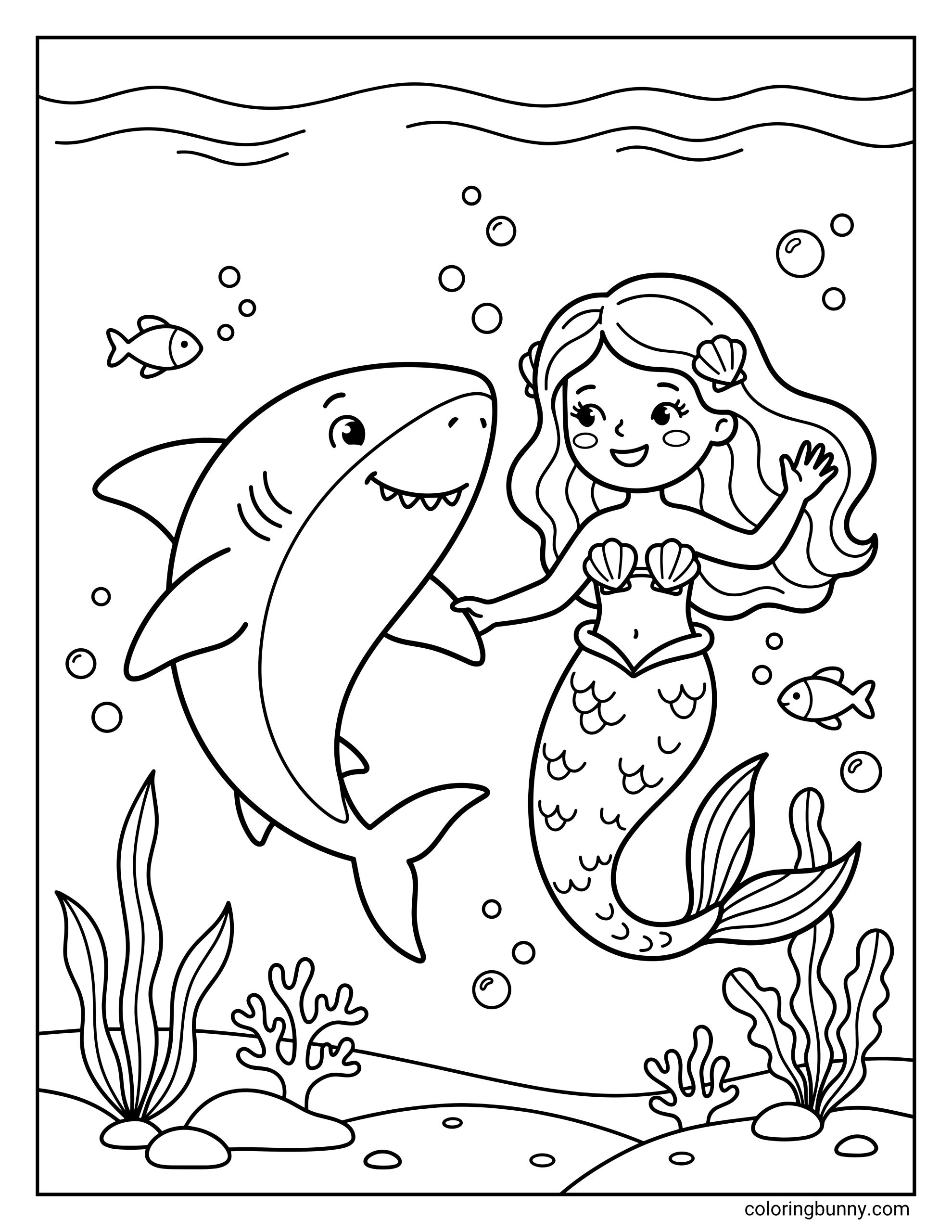 A cute and simple coloring page showing a friendly shark and a smiling mermaid swimming together. They are surrounded by bubbles, small fish, and various types of underwater plants and coral.