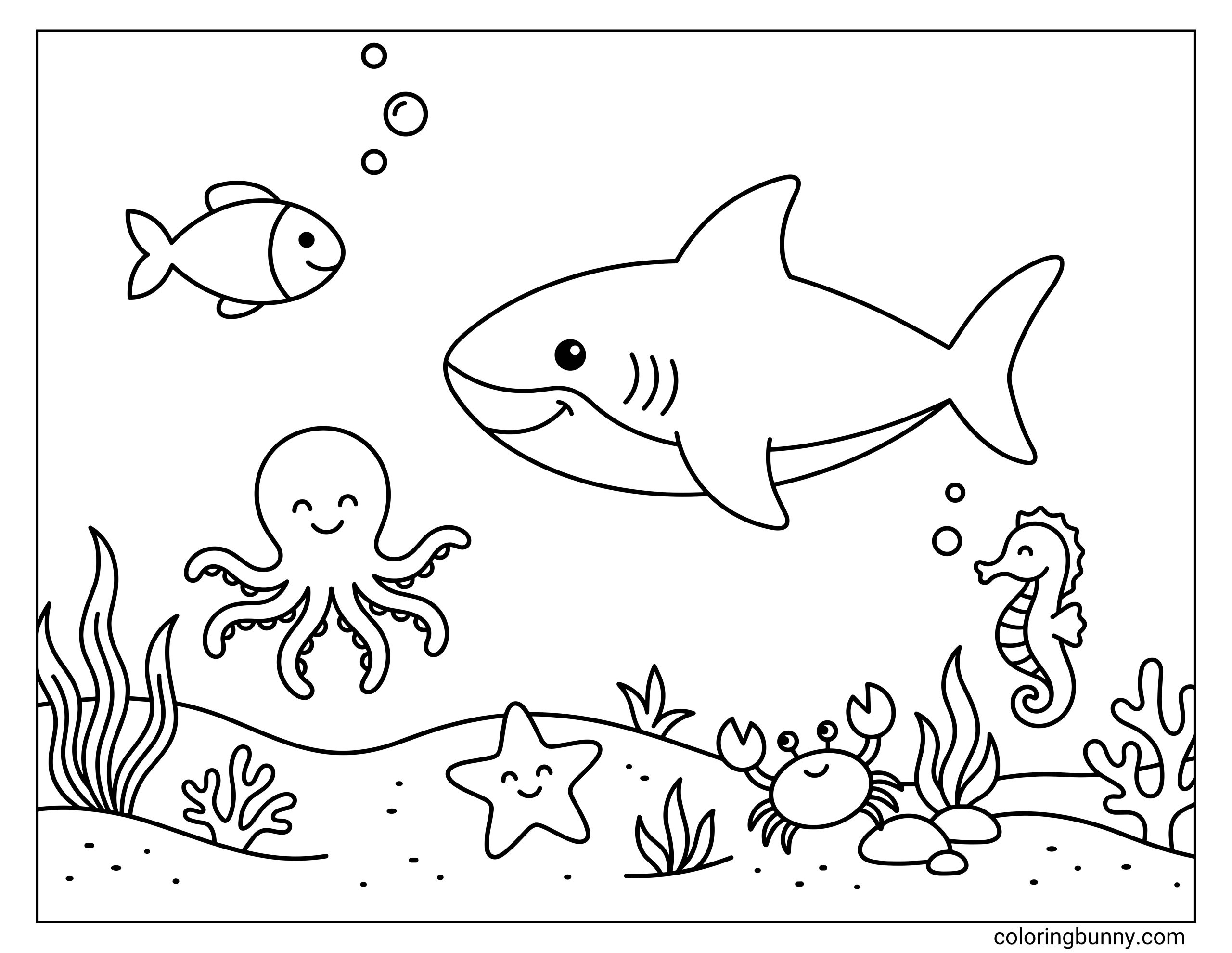 A cute shark and underwater friends coloring page featuring a friendly shark swimming alongside an octopus, a seahorse, a crab, and a starfish. The cheerful sea creatures are gathered near the ocean floor among bubbles and seaweed.