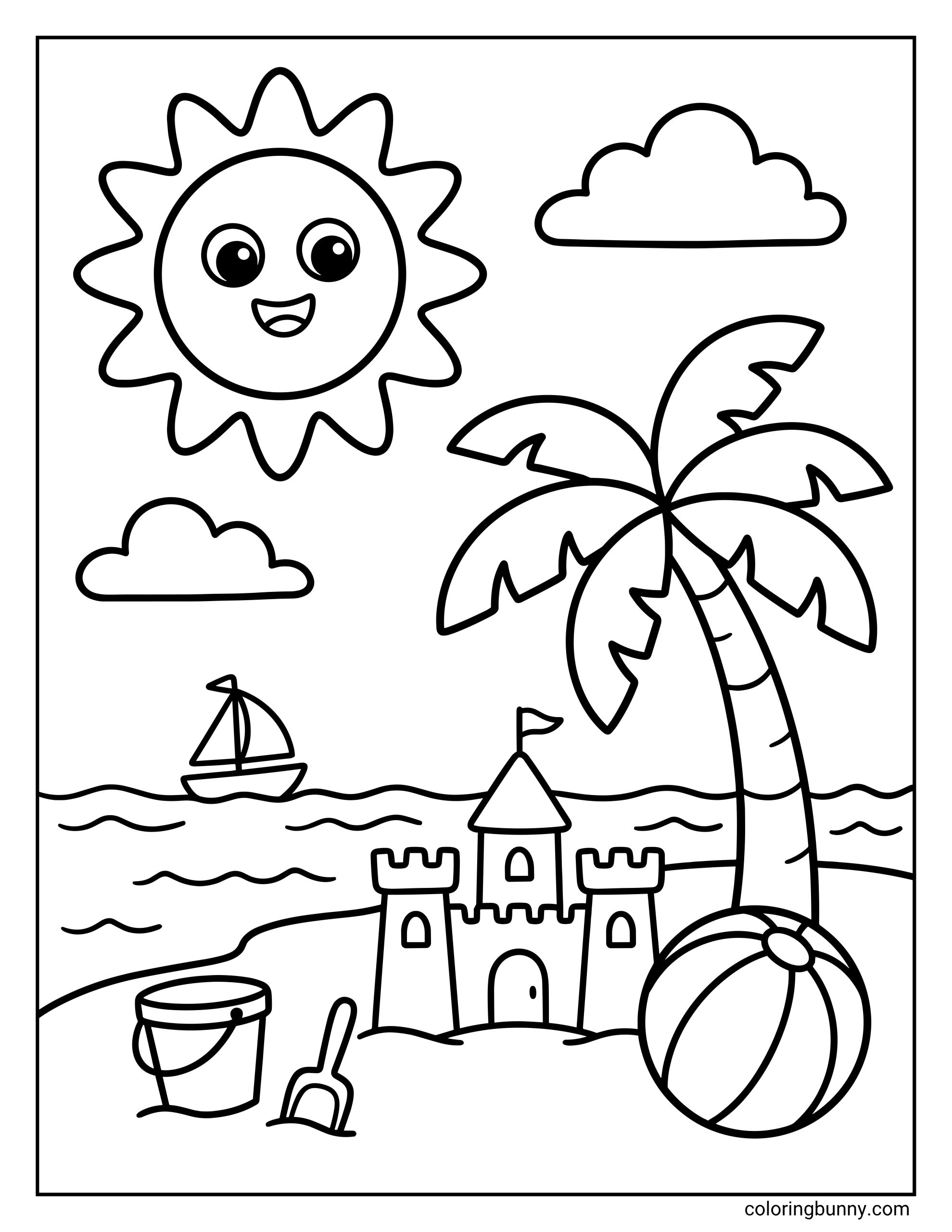 Cute Summer Beach coloring page with a smiling sun, a palm tree, a sandcastle, a beach ball, a bucket and shovel, ocean waves, and a small sailboat in the distance.
