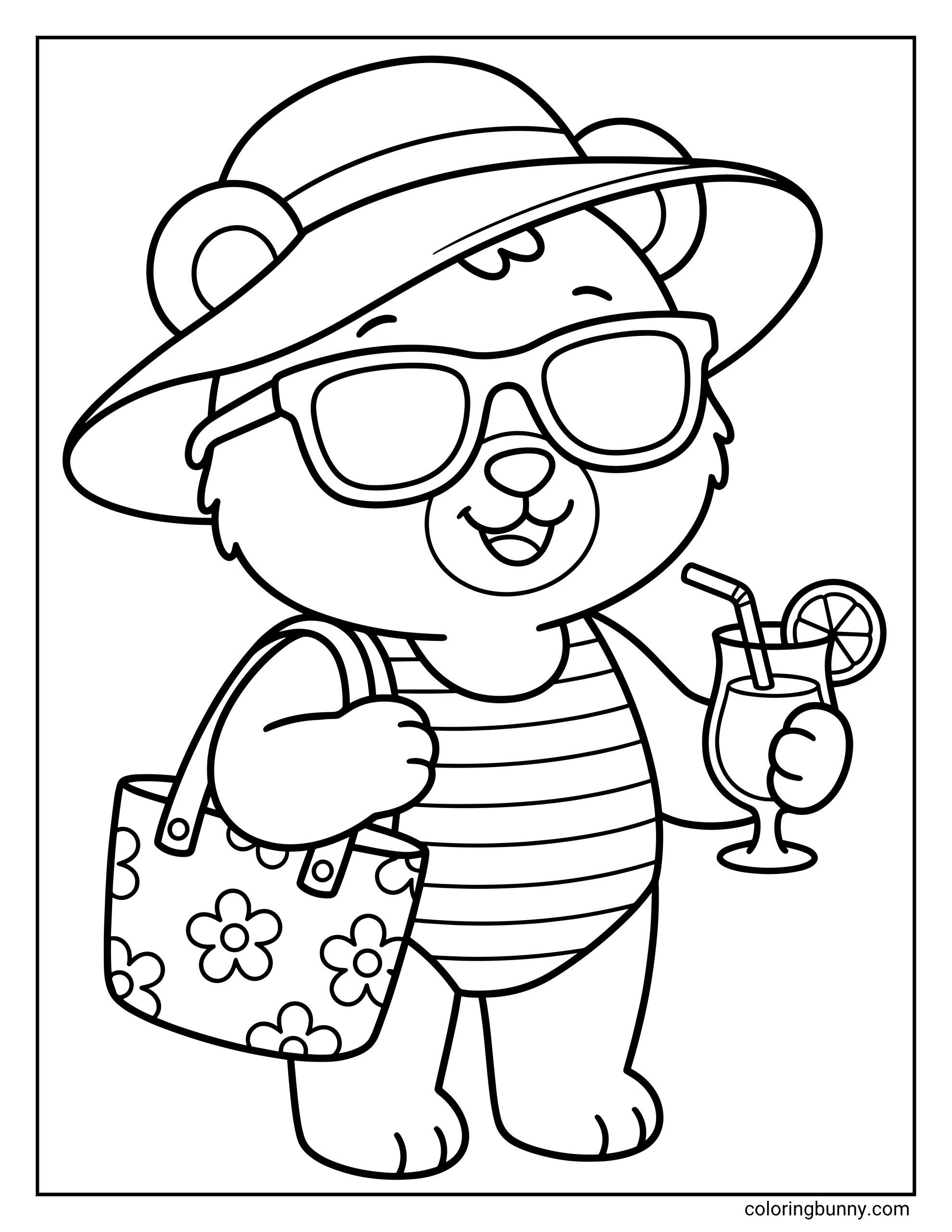 Summer bear coloring sheet with a happy bear wearing oversized sunglasses and a sun hat, carrying a flower-print tote bag and holding a summer drink.