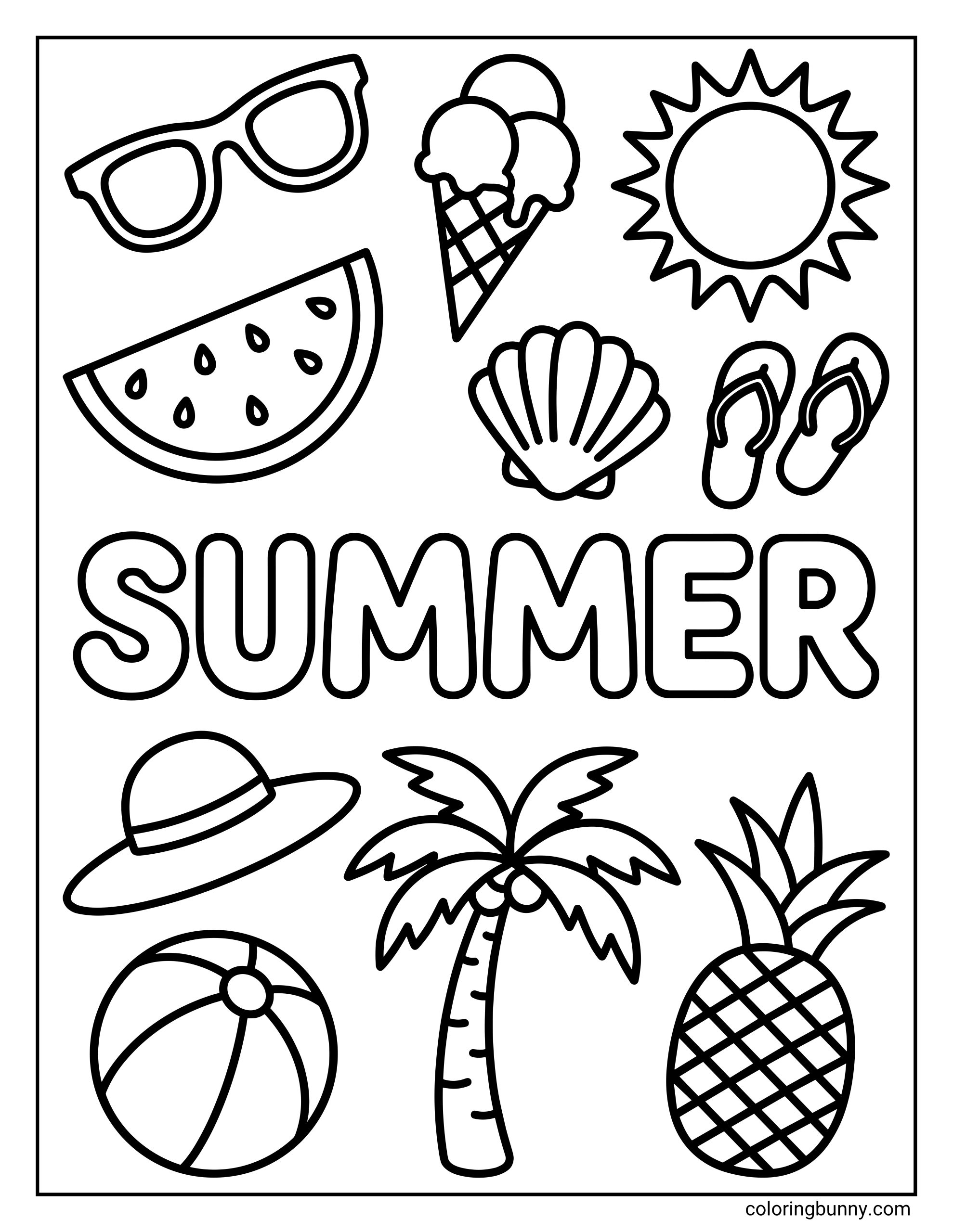 Summer Coloring Page For Kids with the word “SUMMER” in large letters, surrounded by sunglasses, an ice cream cone, a sun, a watermelon slice, a seashell, flip-flops, a sun hat, a beach ball, a palm tree, and a pineapple.