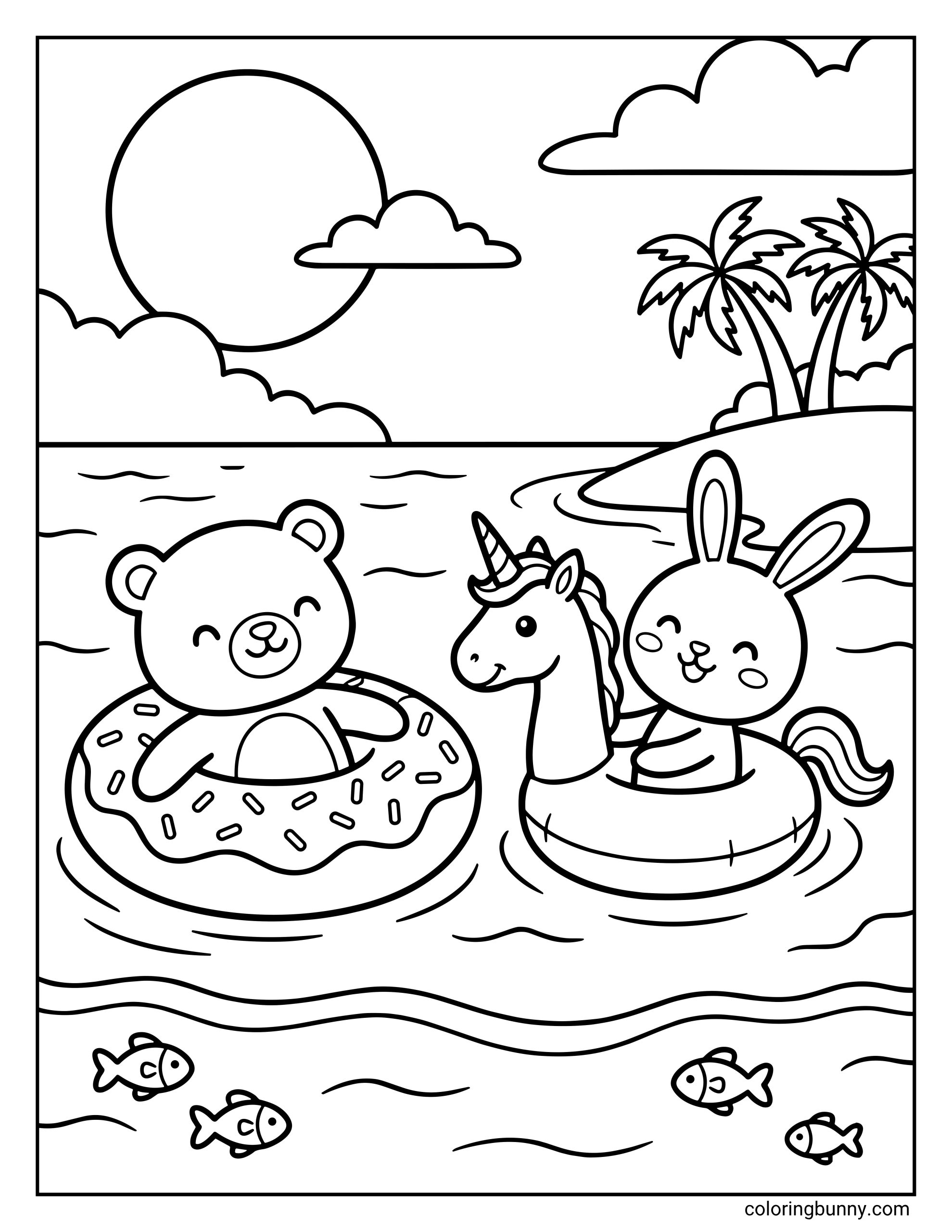 A summer coloring page showing a cute bear and bunny floating on ocean waves in a donut ring and a unicorn inflatable. The background features a tropical island with palm trees, a large sun, and small fish swimming in the water below.