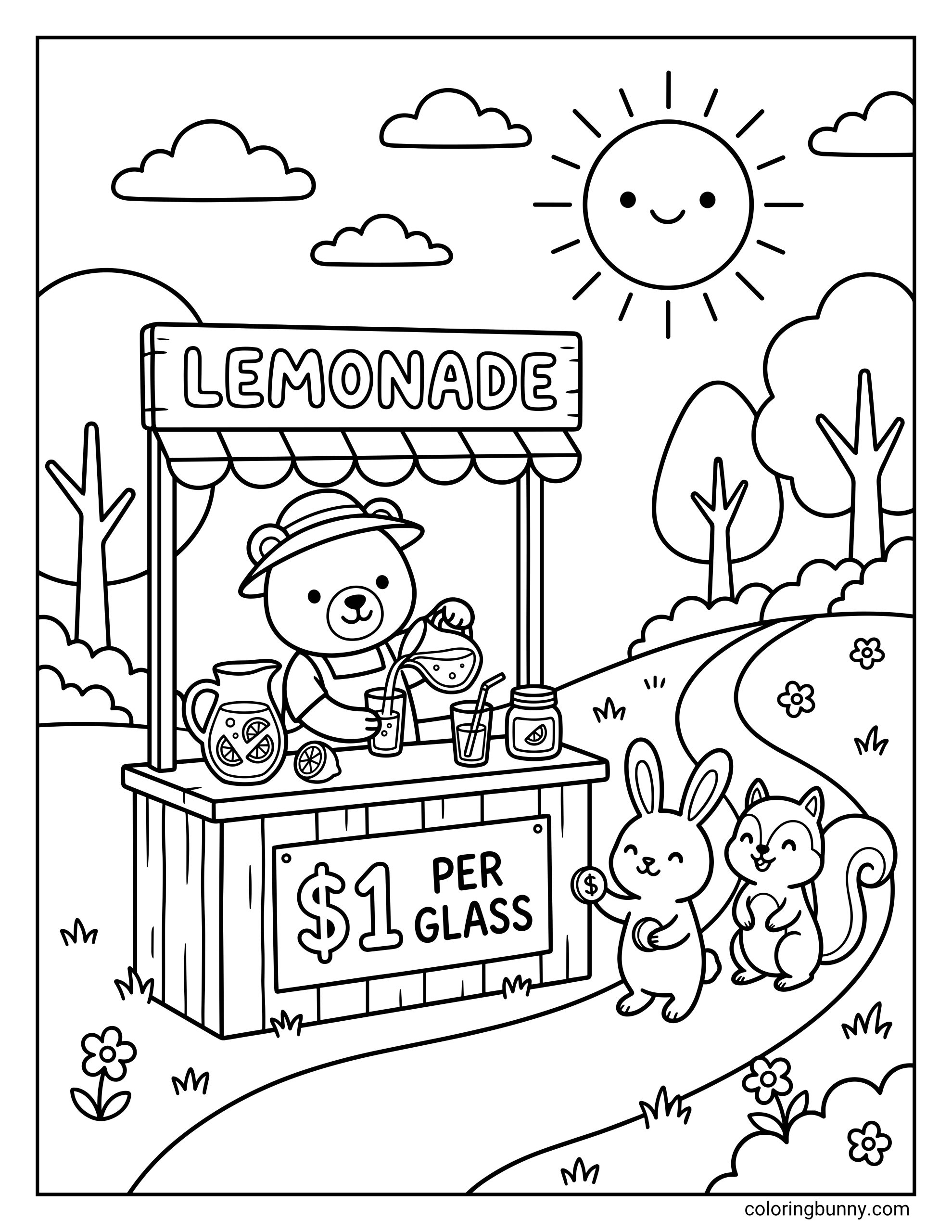 A summer coloring page showing a bear at a lemonade stand serving drinks, while a bunny holds money and stands beside a smiling squirrel near a path, trees, flowers, and clouds.
