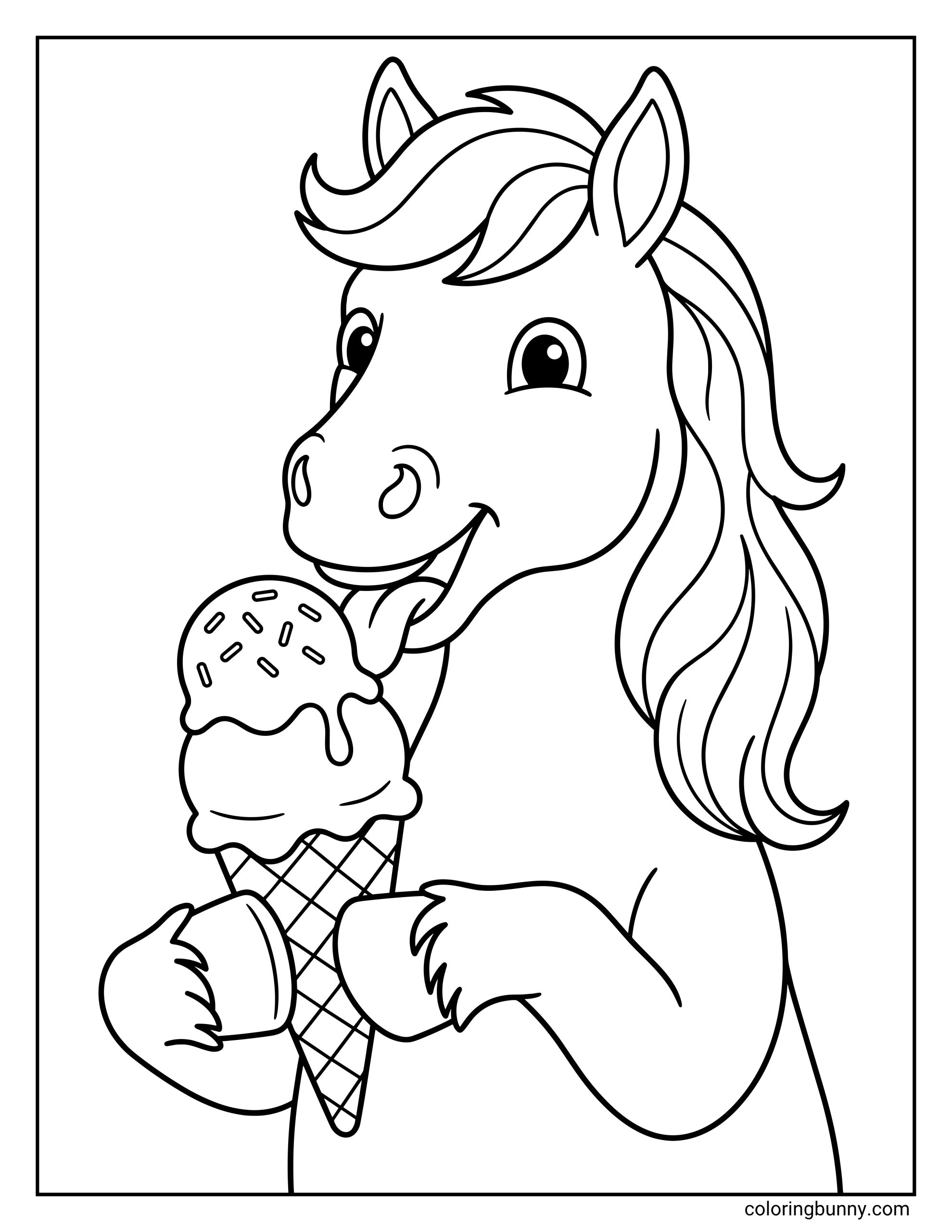 Cute pony coloring page showing a pony standing upright and holding a waffle cone filled with two scoops of ice cream.