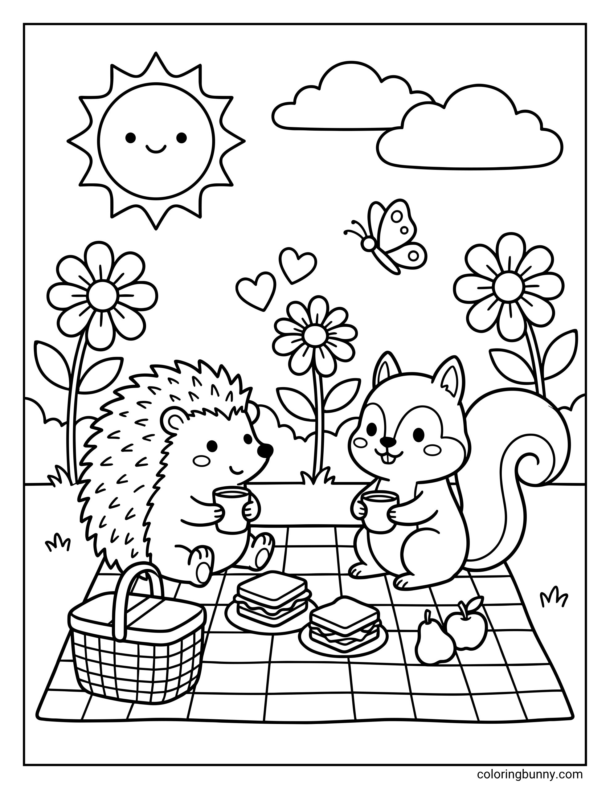 Printable summer coloring page featuring a hedgehog and squirrel having a picnic with sandwiches on a checkered blanket under a smiling sun.