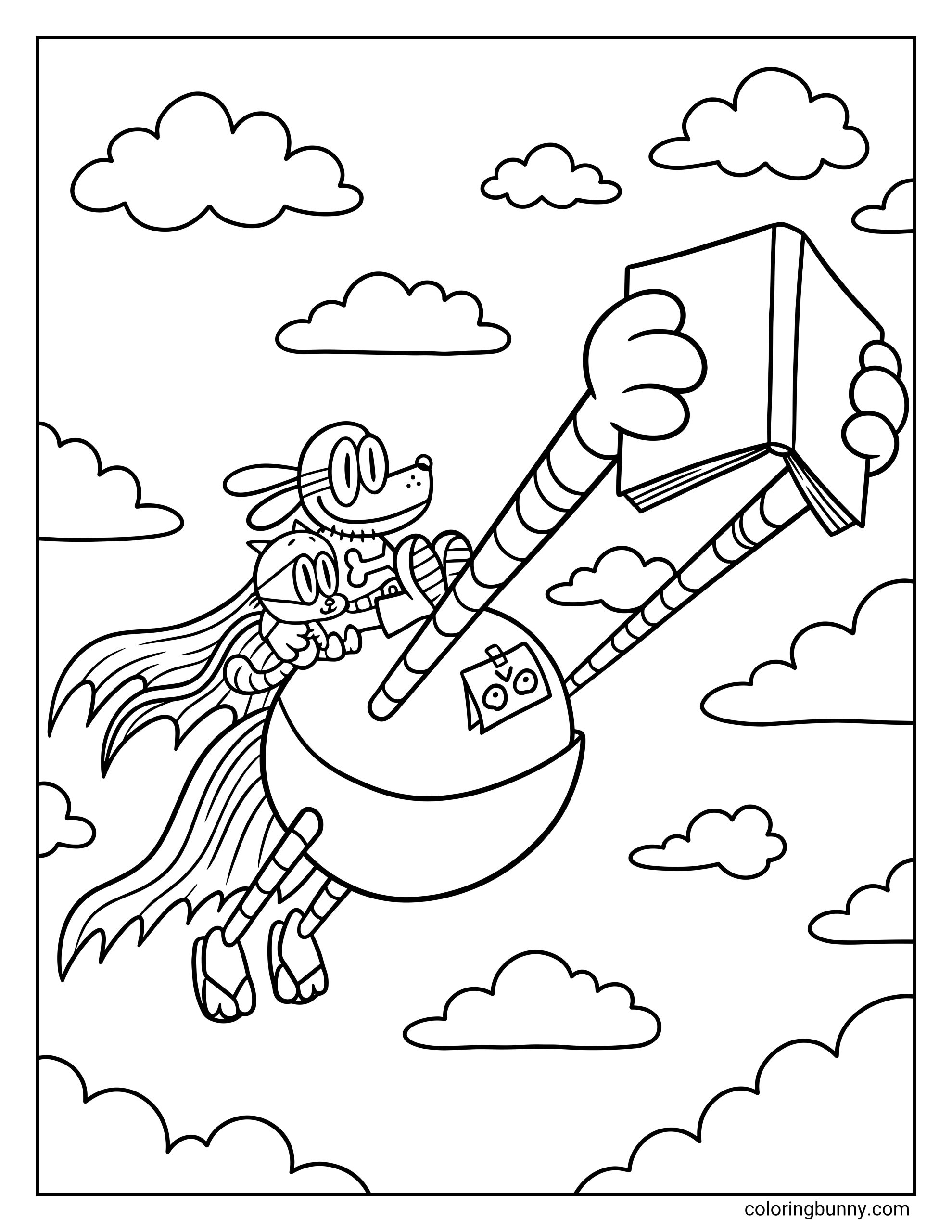 Dog Man heroes coloring sheet of Dog Man and Cat Kid riding on the back of the flying robot 80-HD through a cloudy sky. The round robot is holding a giant open book with his striped arms, while Dog Man and Cat Kid sit happily with their superhero capes blowing in the wind.