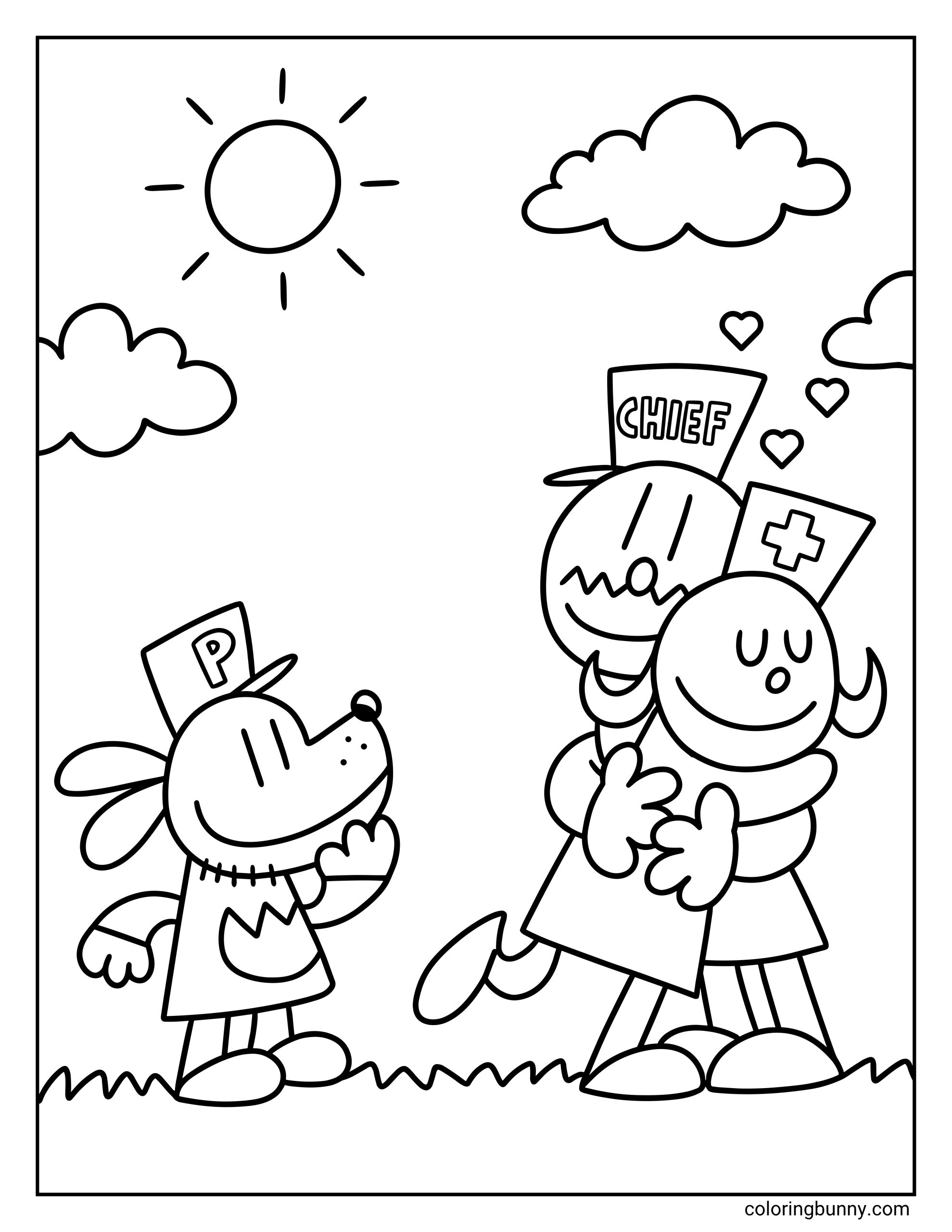 Simple Dog Man coloring page of the Chief hugging the Nurse Lady with hearts above them, and Dog Man standing happily nearby in the grass.