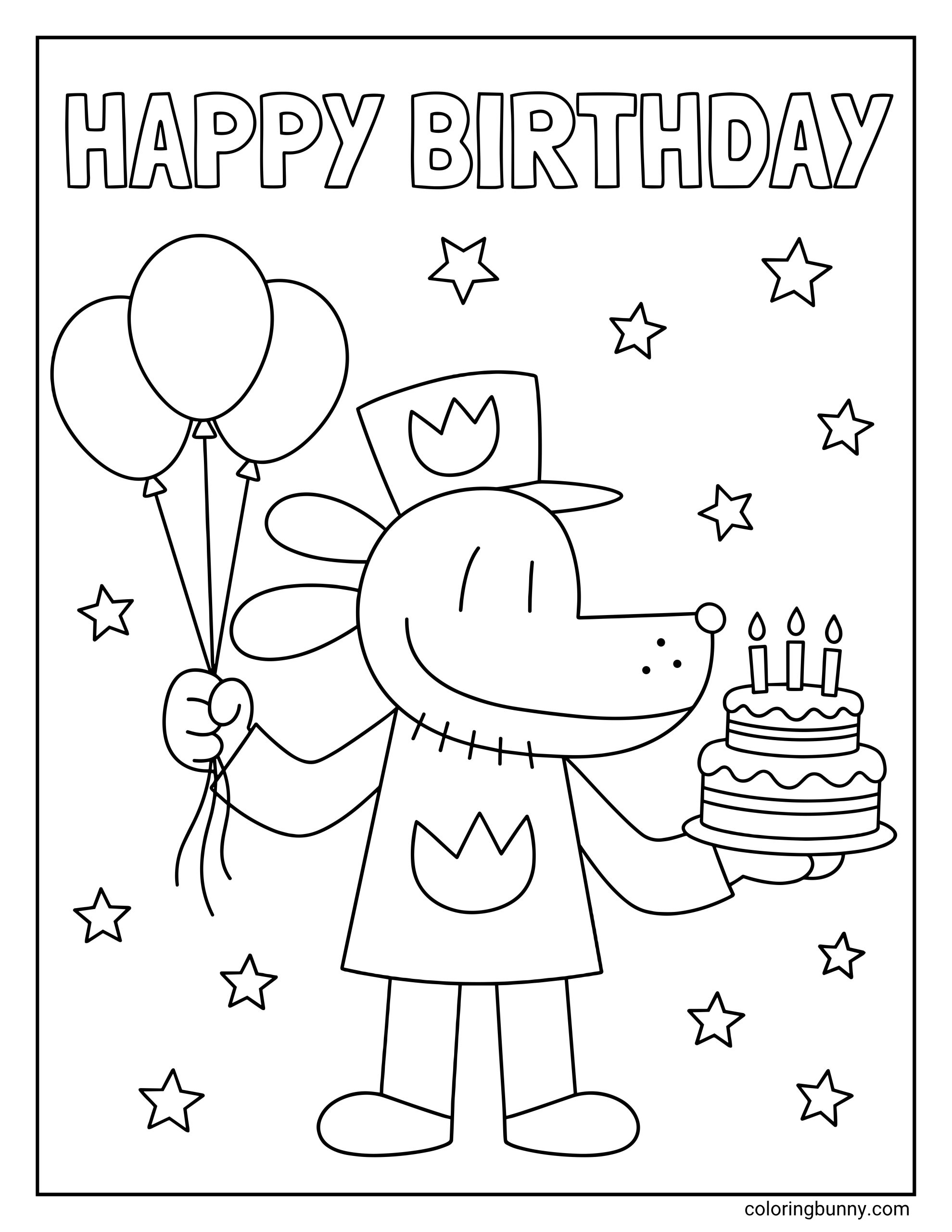Dog Man birthday coloring page of Dog Man holding three balloons and a two-layer cake with candles. He is wearing his police hat and uniform among twinkling stars, with Happy Birthday written above him.