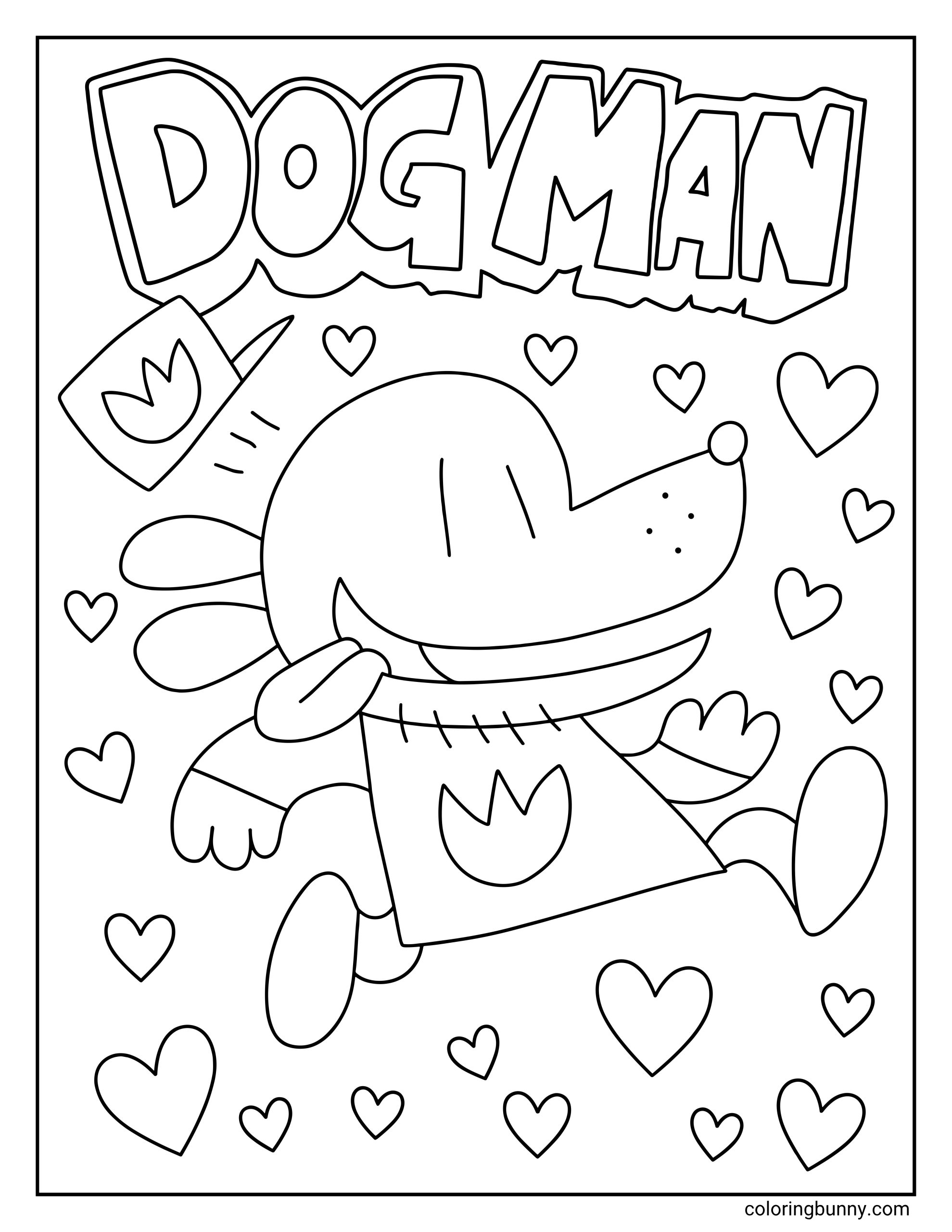 Dog Man coloring sheet of the hero leaping excitedly into the air among scattered heart shapes. He is wearing his stitched-neck uniform with his hat floating beside him, under giant Dog Man bubble letters."