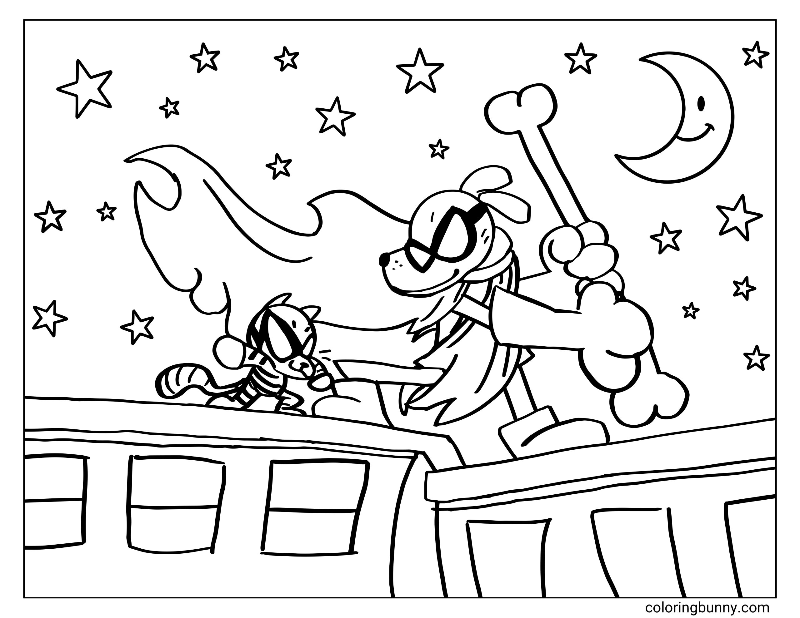 Dog Man coloring page of Scarlet Shredder and Cat Kid on top of city buildings under a starry sky. The moon, flowing cape, and bold poses make the scene feel exciting and adventurous.