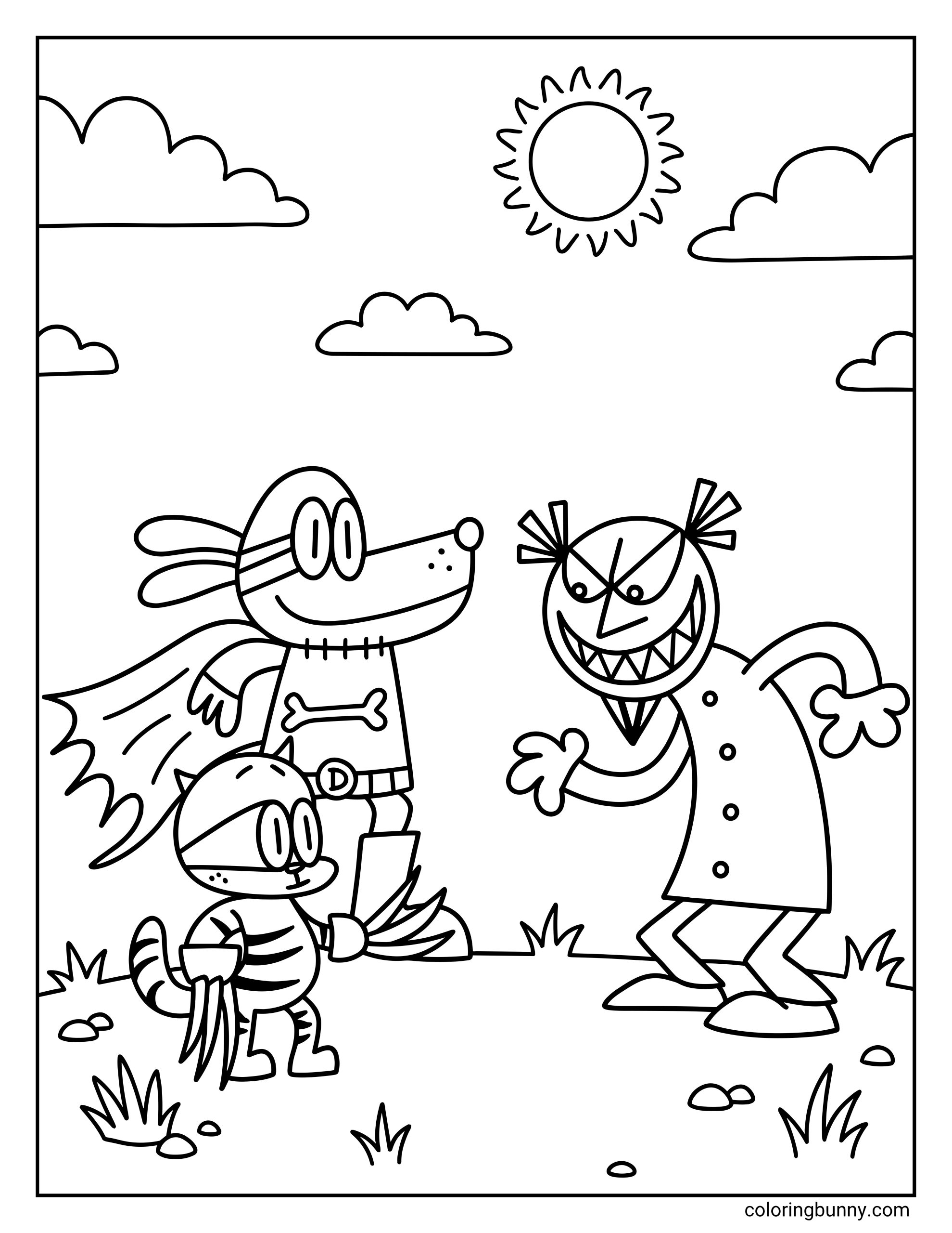 Dog Man coloring page featuring The Bark Knight in a cape and Cat Kid with his claws out facing the evil Dr. Scum in a grassy field, under a smiling sun and fluffy clouds.