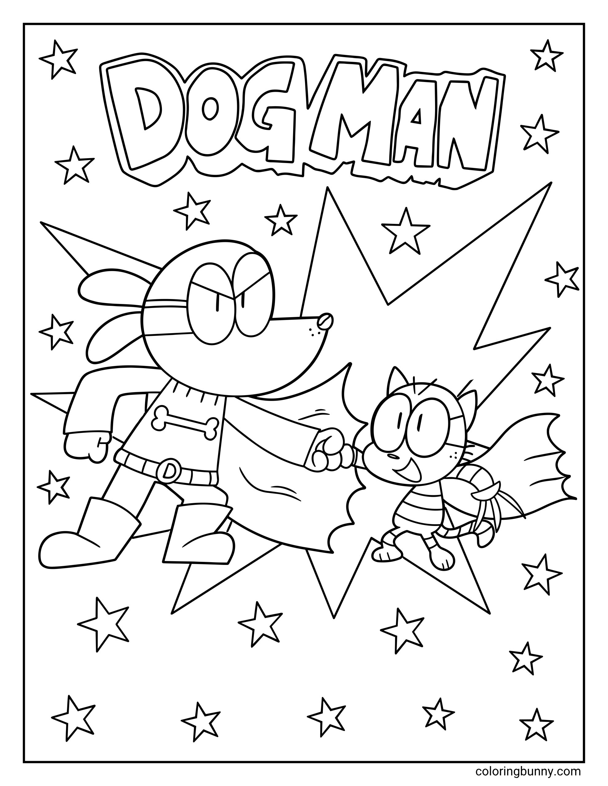 Dog Man coloring sheet of The Bark Knight and Cat Kid sharing a fist bump in front of a giant action burst and scattered stars. They are wearing their flowing superhero capes and masks, with a bold Dog Man title written above them.