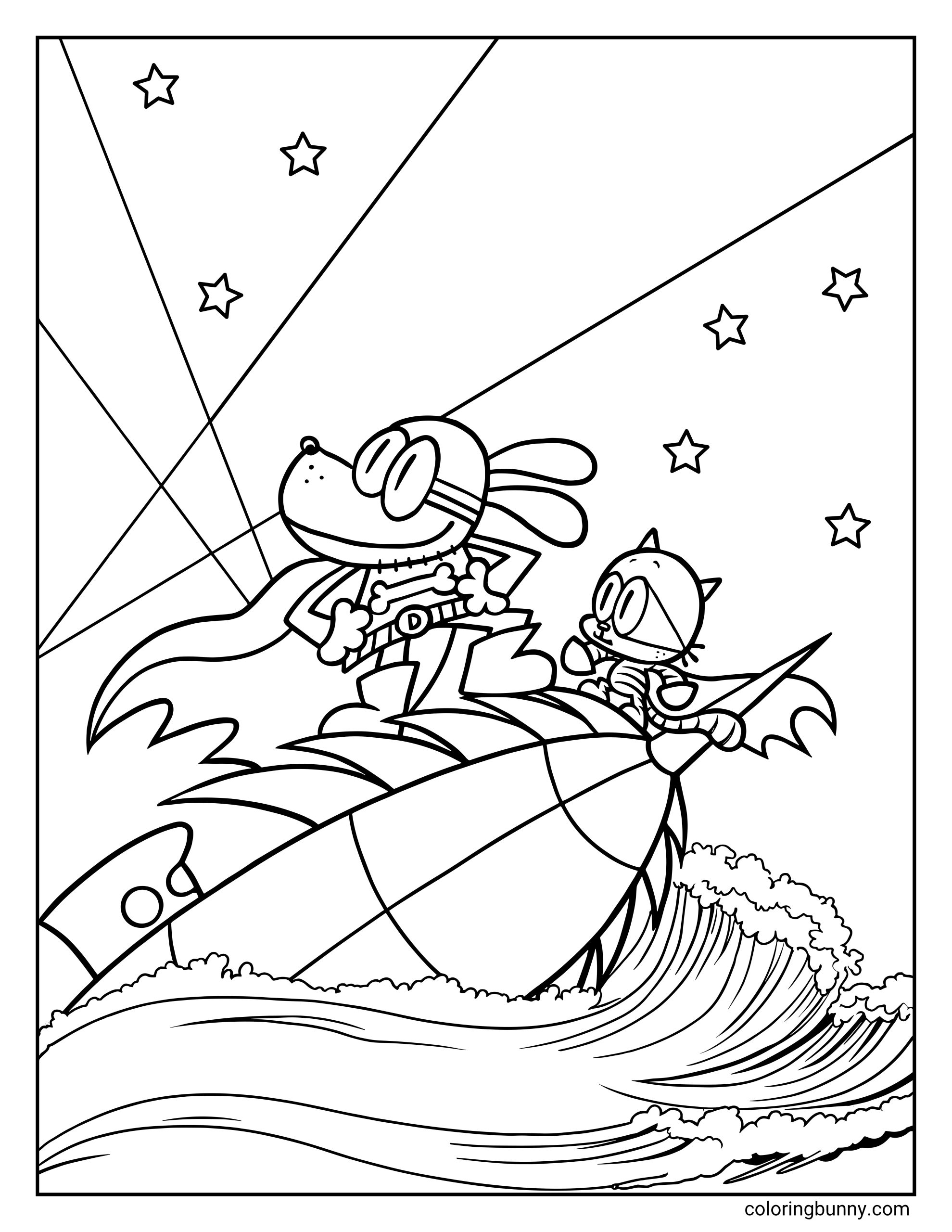 Dog Man Twenty Thousand Fleas Under The Sea coloring page featuring Dog Man and Cat Kid in superhero costumes riding on top of a spiky submarine crashing through large ocean waves.