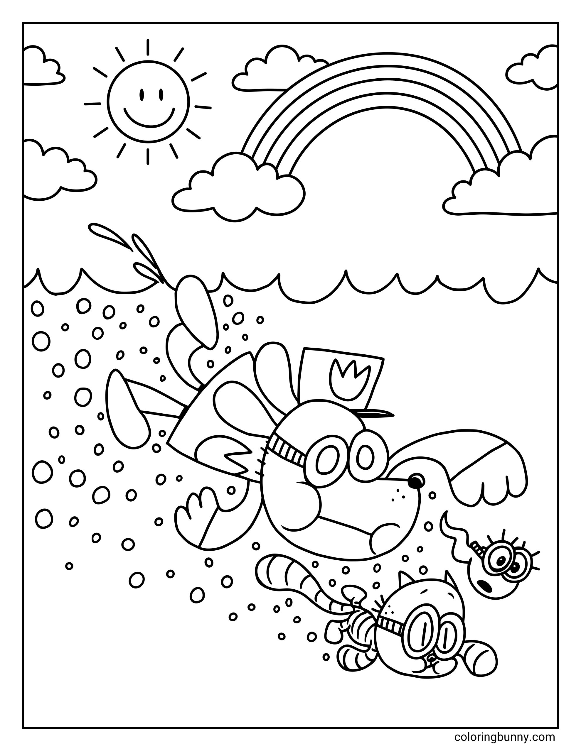 Dog Man underwater coloring page featuring Dog Man, Li'l Petey, and the tadpole Molly wearing swimming goggles and diving into the bubbly water, with a smiling sun, clouds, and a rainbow above the surface