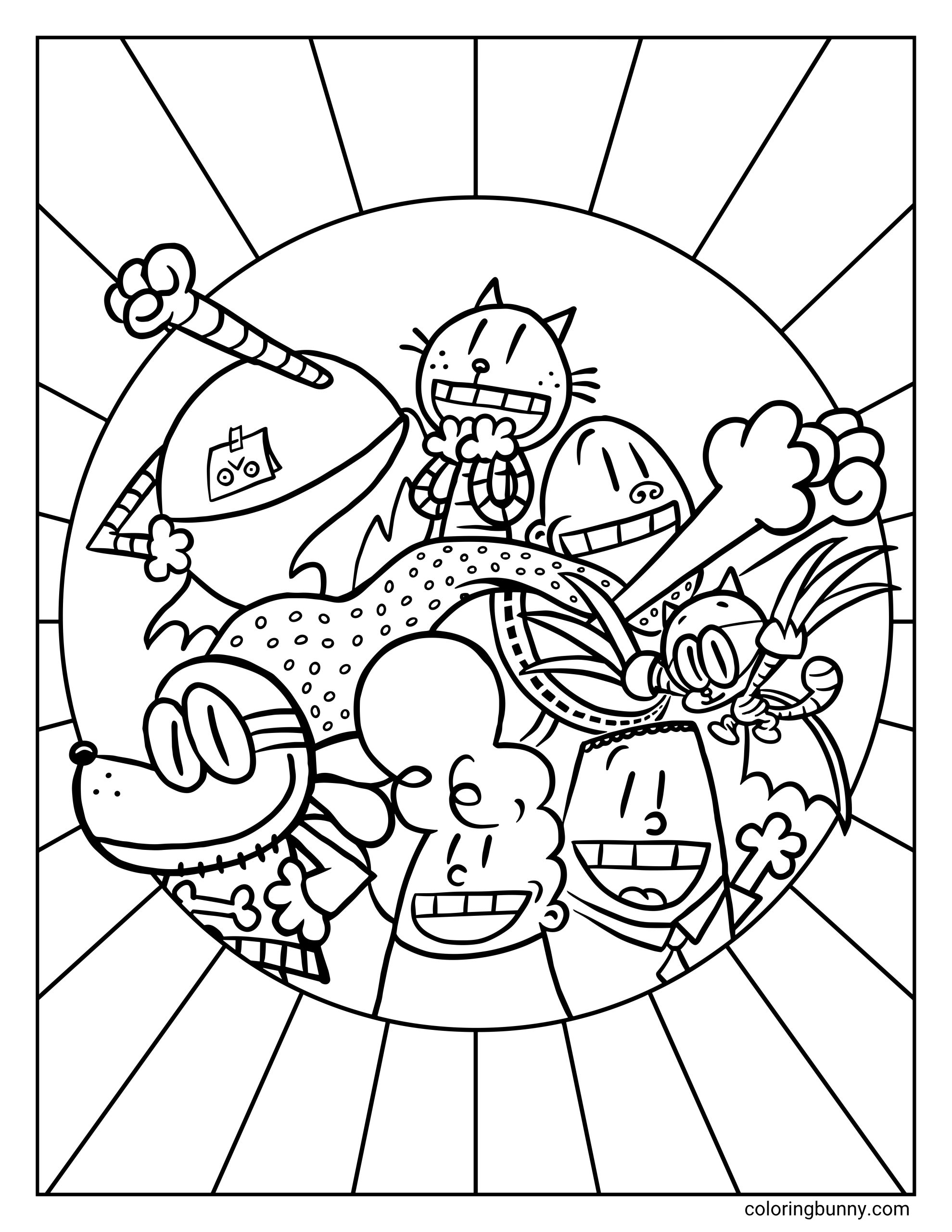 Dog Man and Captain Underpants coloring page of Dog Man, 80-HD, Petey, Cat Kid, Captain Underpants, George, and Harold inside a circle with a sunburst background.