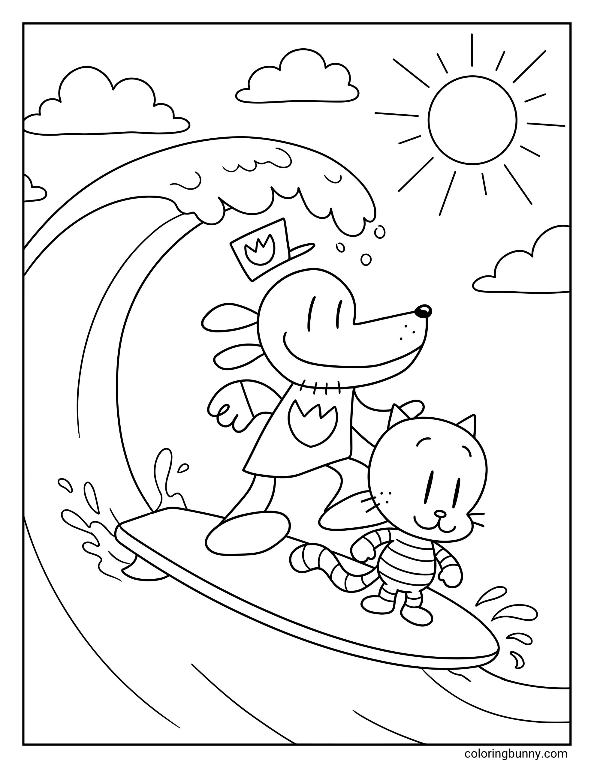 Coloring sheet of Dog Man and Li'l Petey surfing together on a single board. The heroic Dog Man balances as his police hat flies off his head, while the striped Li'l Petey stands safely at the front of the board riding a giant ocean wave under a bright sun and fluffy clouds.