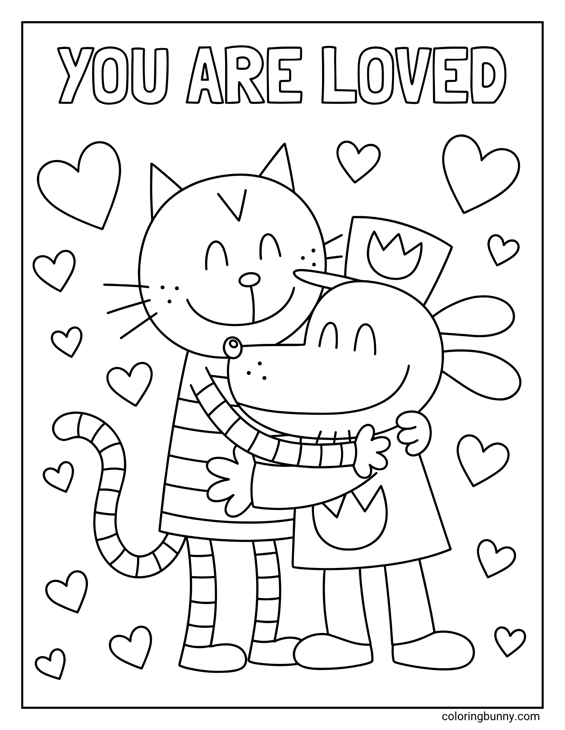 Dog Man and Petey the Cat coloring sheet of the two characters sharing a warm hug while smiling. They are surrounded by various floating heart shapes, with the text 'YOU ARE LOVED' in bubble letters at the top.