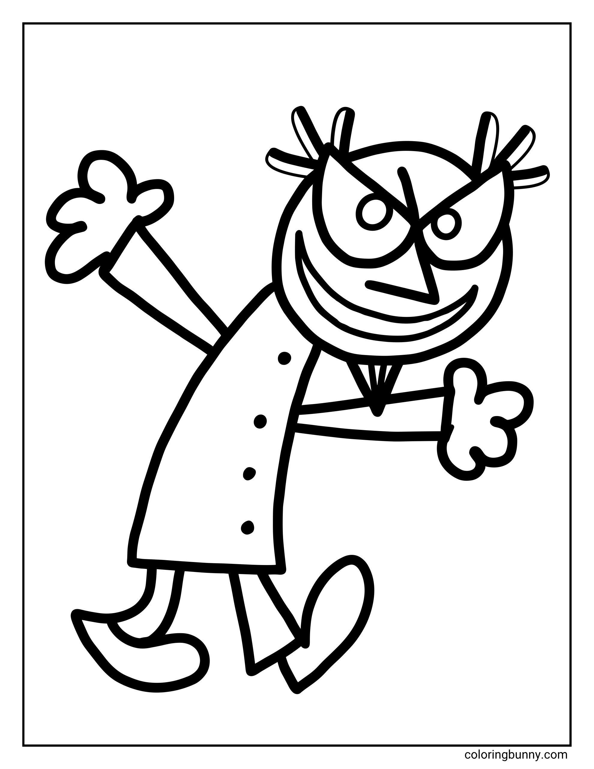 A Dog Man coloring page of Dr. Scum standing in a dramatic pose with one arm raised and a mischievous grin on his face. His wild eyebrows, pointed nose, simple coat, and bold cartoon outlines make the character look silly and sneaky.