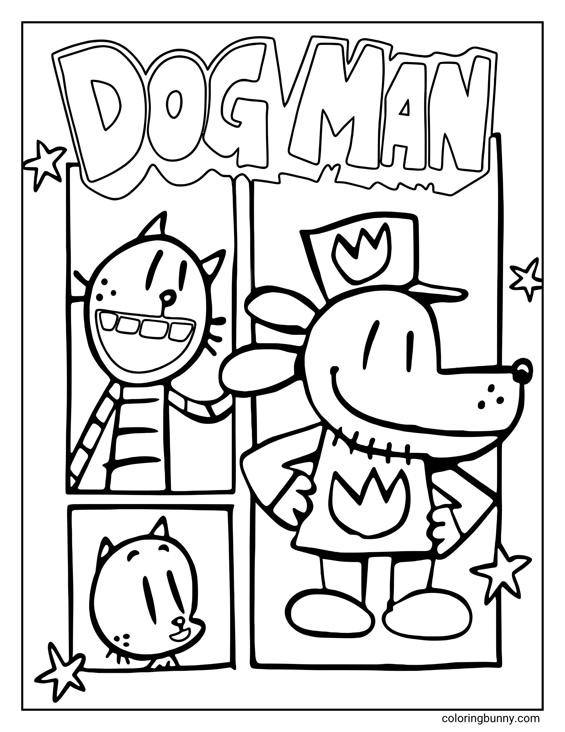 Dog Man comic coloring sheet of the heroic Dog Man standing confidently next to comic panels of Petey and Li'l Petey. He is wearing his classic police hat and uniform, while the striped Petey smiles widely and little Li'l Petey looks up, with a giant Dog Man title and scattered stars around them.