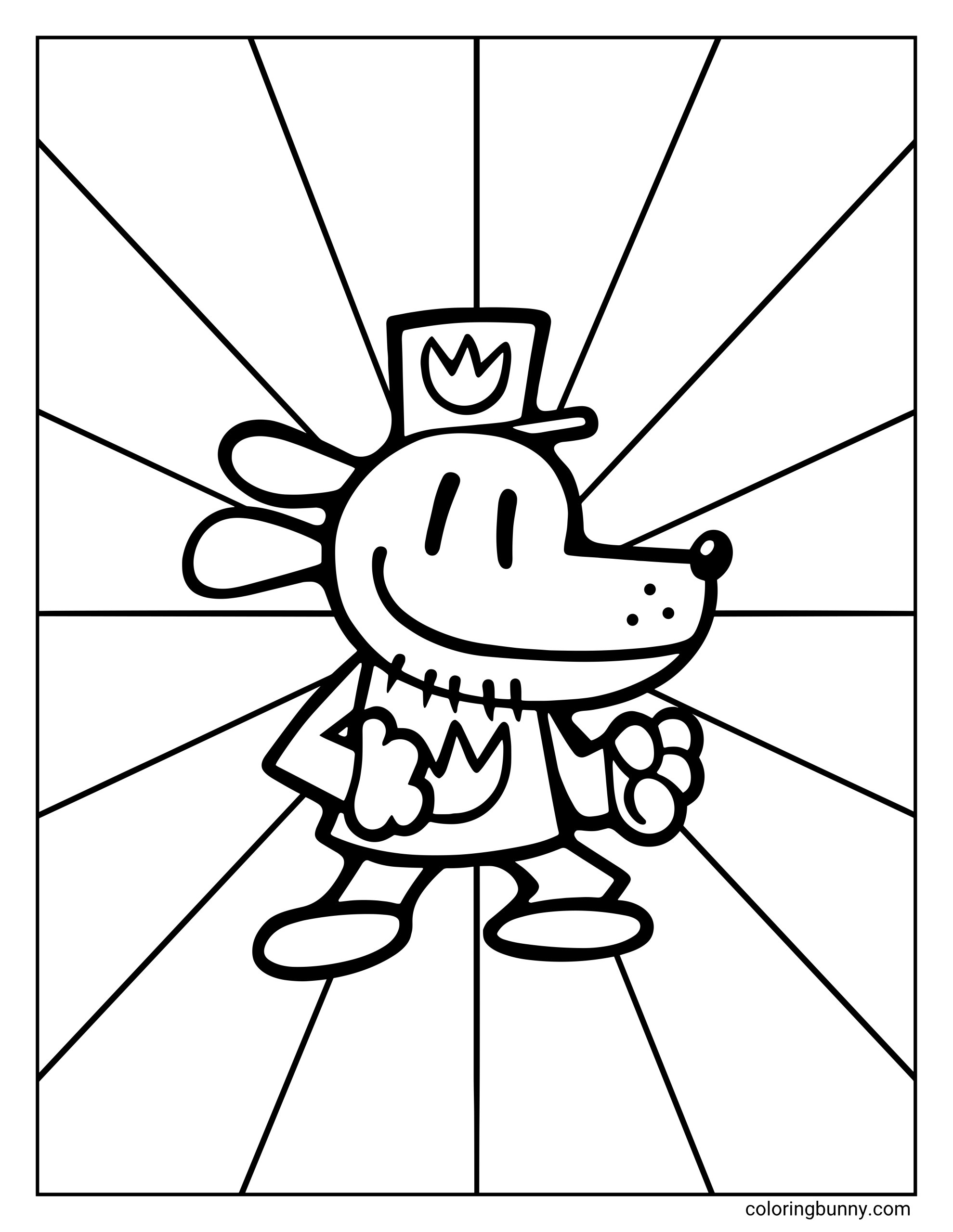 A Dog Man coloring page of Dog Man standing in a simple pose with a geometric burst background behind him.