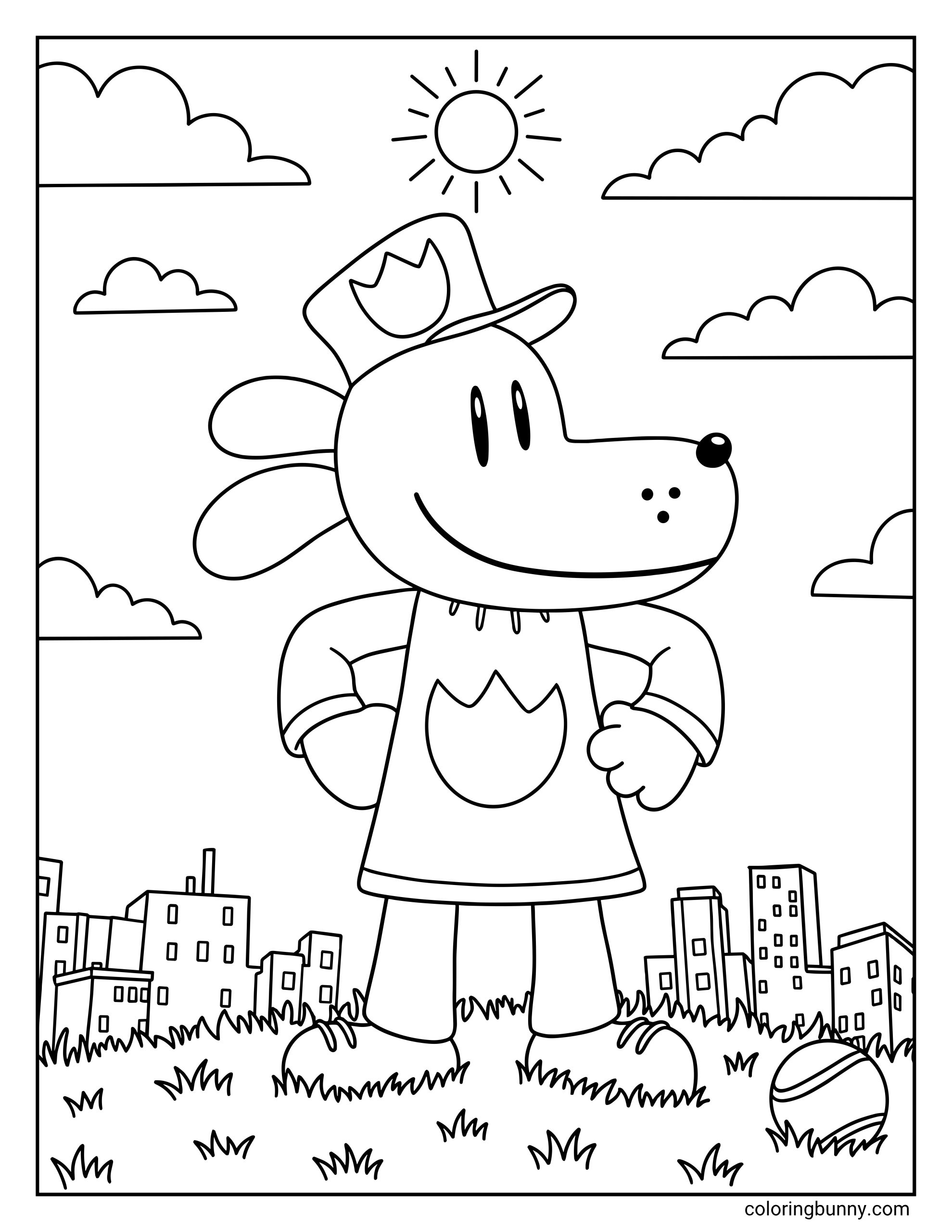 A Dog Man coloring page showing Dog Man outdoors with buildings behind him and a small ball resting in the grass nearby. His floppy ears, police hat, rounded snout, and simple cartoon lines make the page clear, friendly, and great for young kids.