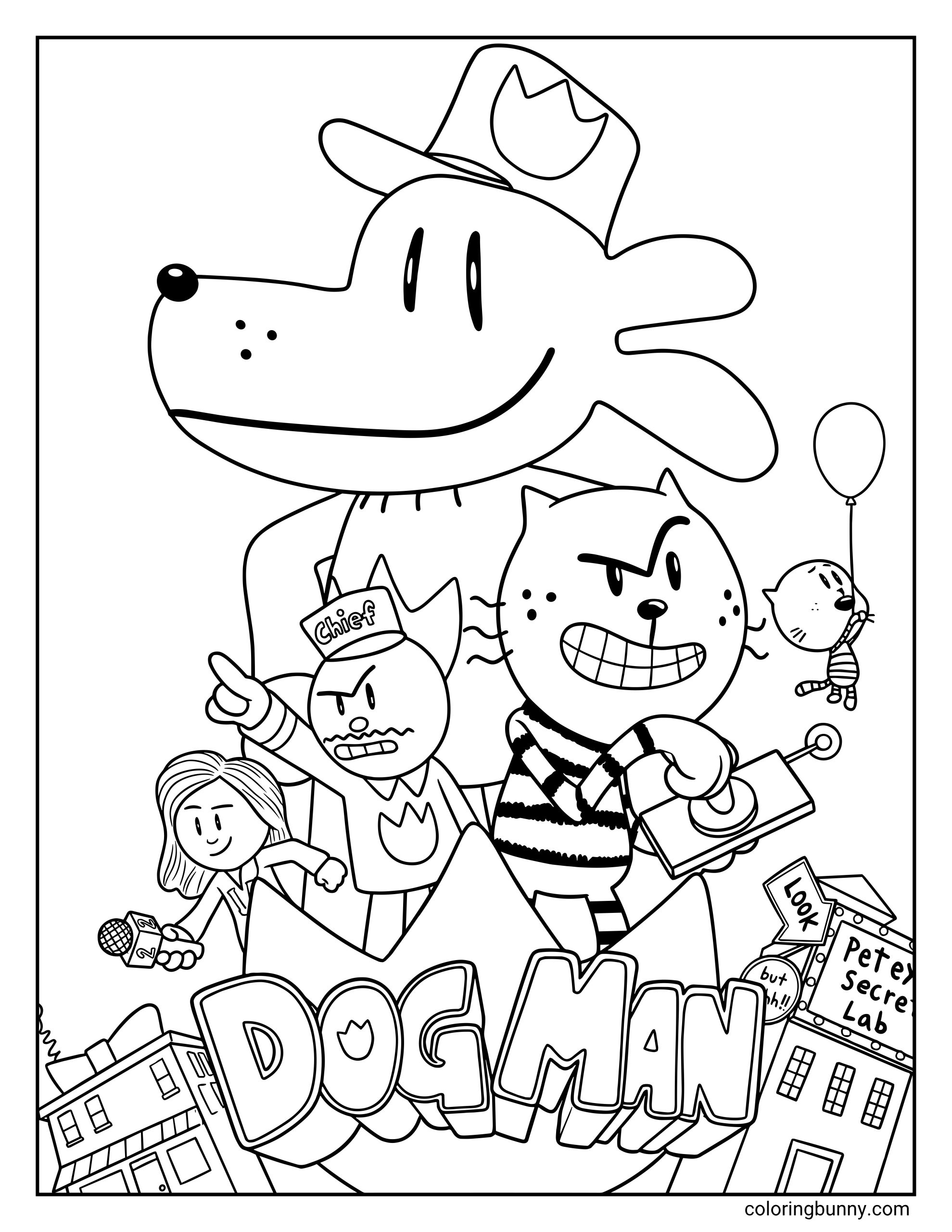 Dog Man movie poster coloring page for kids featuring Dog Man characters, Petey holding a remote, Chief commanding, Sarah reporting, and a balloon-holding Li'l Petey.