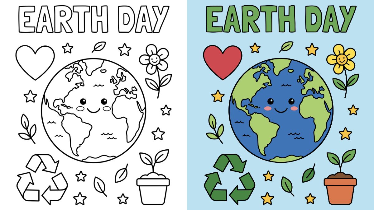 Earth Day Coloring Pages with flowers, leaves, recycle symbol, happy earth, stars and a heart