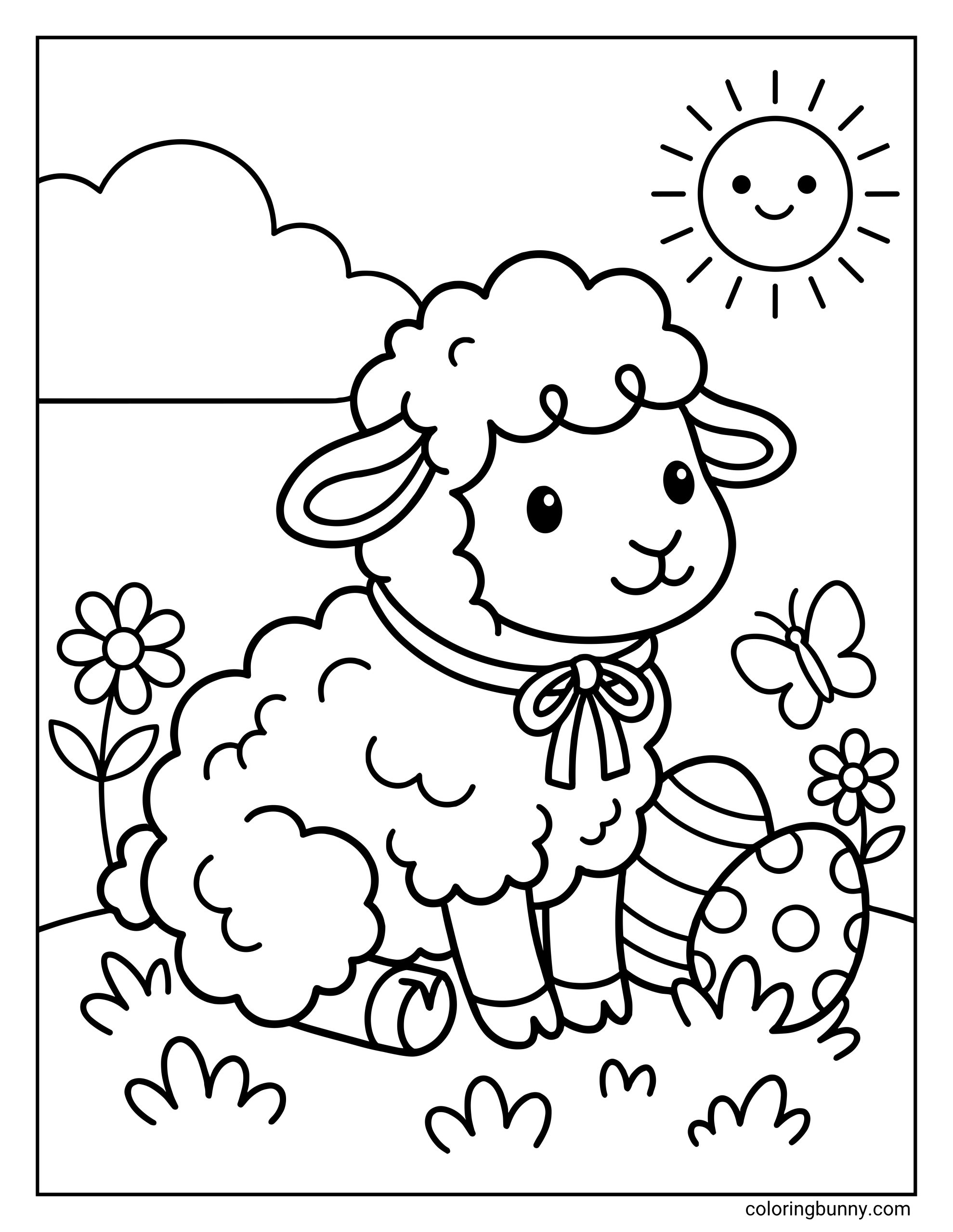 Easter Lamb coloring page showing a fluffy lamb with a bow at its neck, standing beside decorated eggs in a flower-filled meadow. A smiling sun, butterfly, and simple clouds help create a happy spring scene full of gentle details.