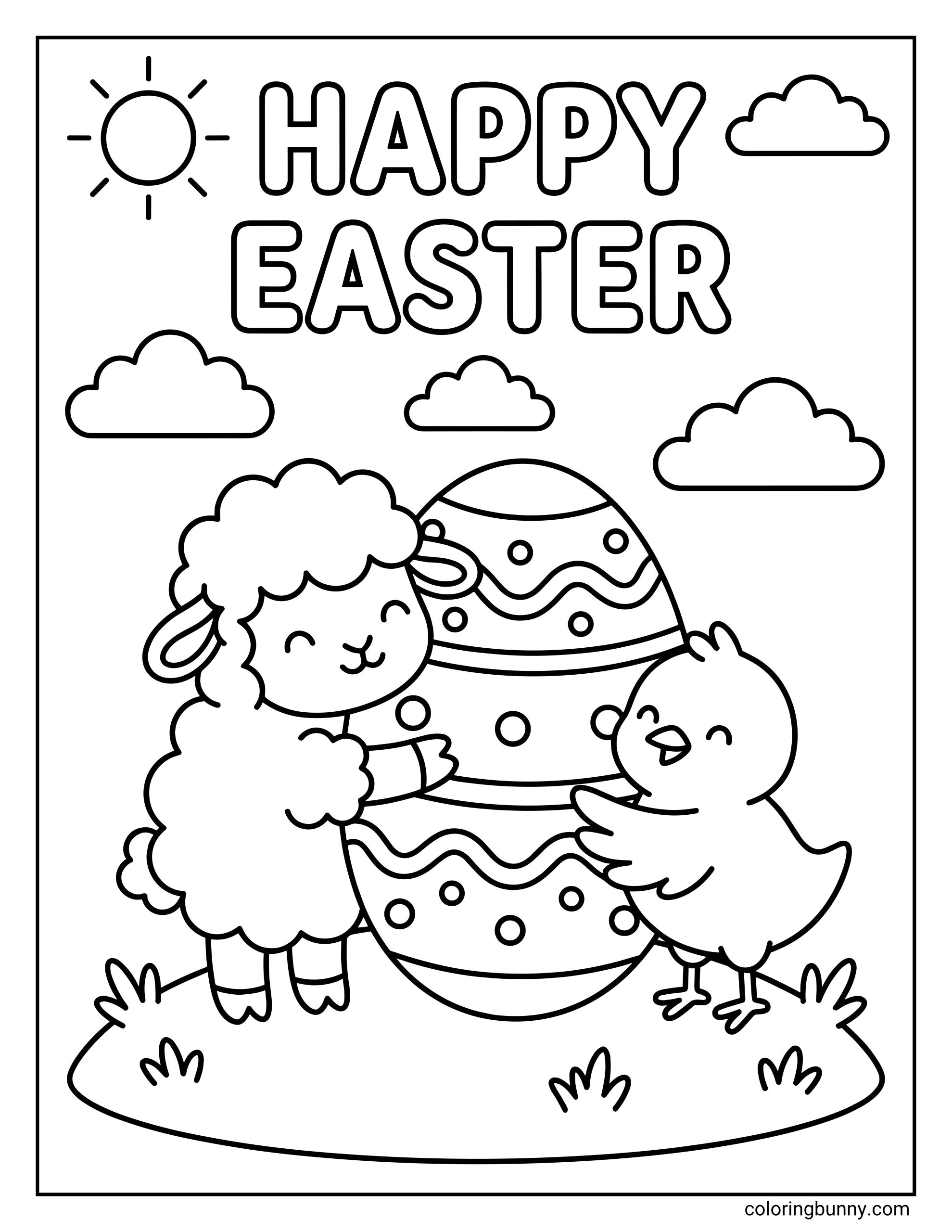 An Easter coloring page of a fluffy lamb and a happy chick hugging a large decorated Easter egg together in a grassy field. Puffy clouds, a bright sun, and simple spring details.