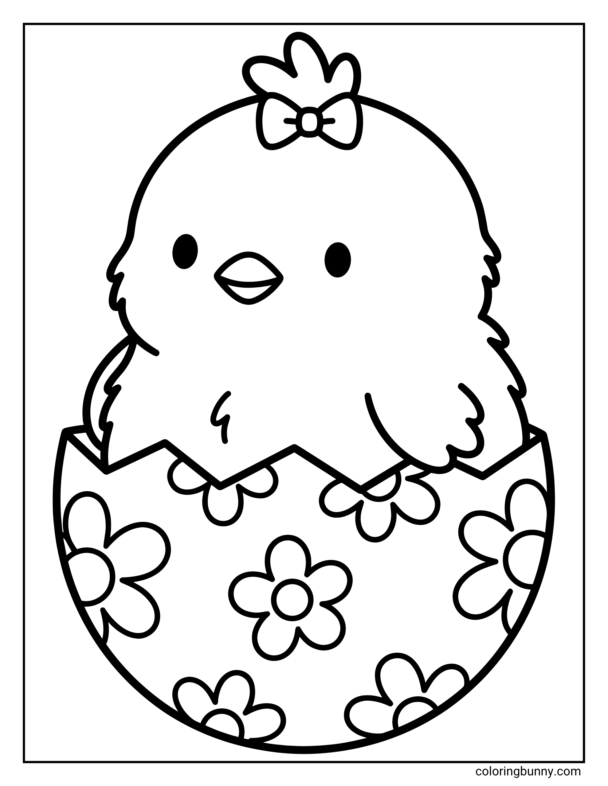 An Easter coloring page of a cute baby chick sitting inside a cracked Easter egg decorated with large flower shapes. The chick has a tiny bow on its head, fluffy feathers, and a sweet smiling face
