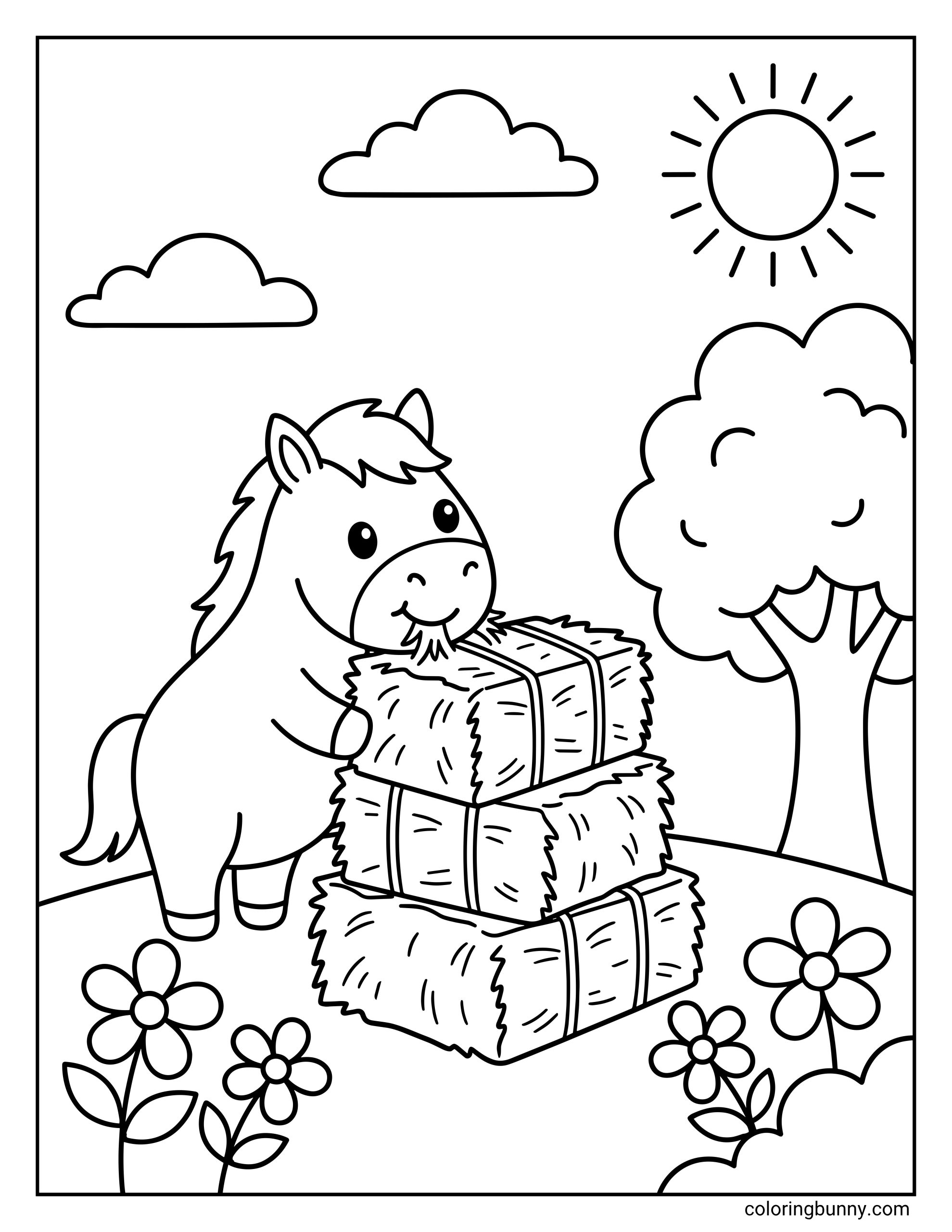 Horse coloring page featuring a cute cartoon horse eating from stacked hay bales in a sunny field with flowers, clouds, a tree, and a bright sun.