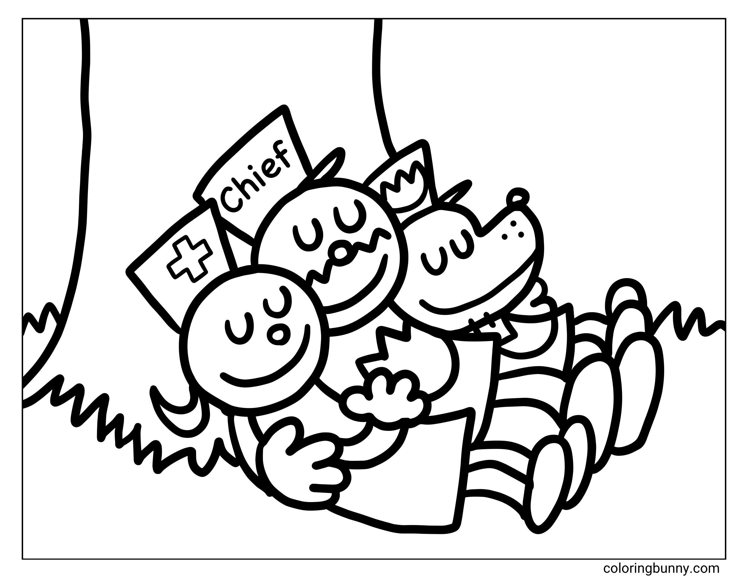 Easy Dog Man coloring page for kids of Dog Man, the Chief, and the Nurse Lady taking a cozy nap together at the base of a big tree.