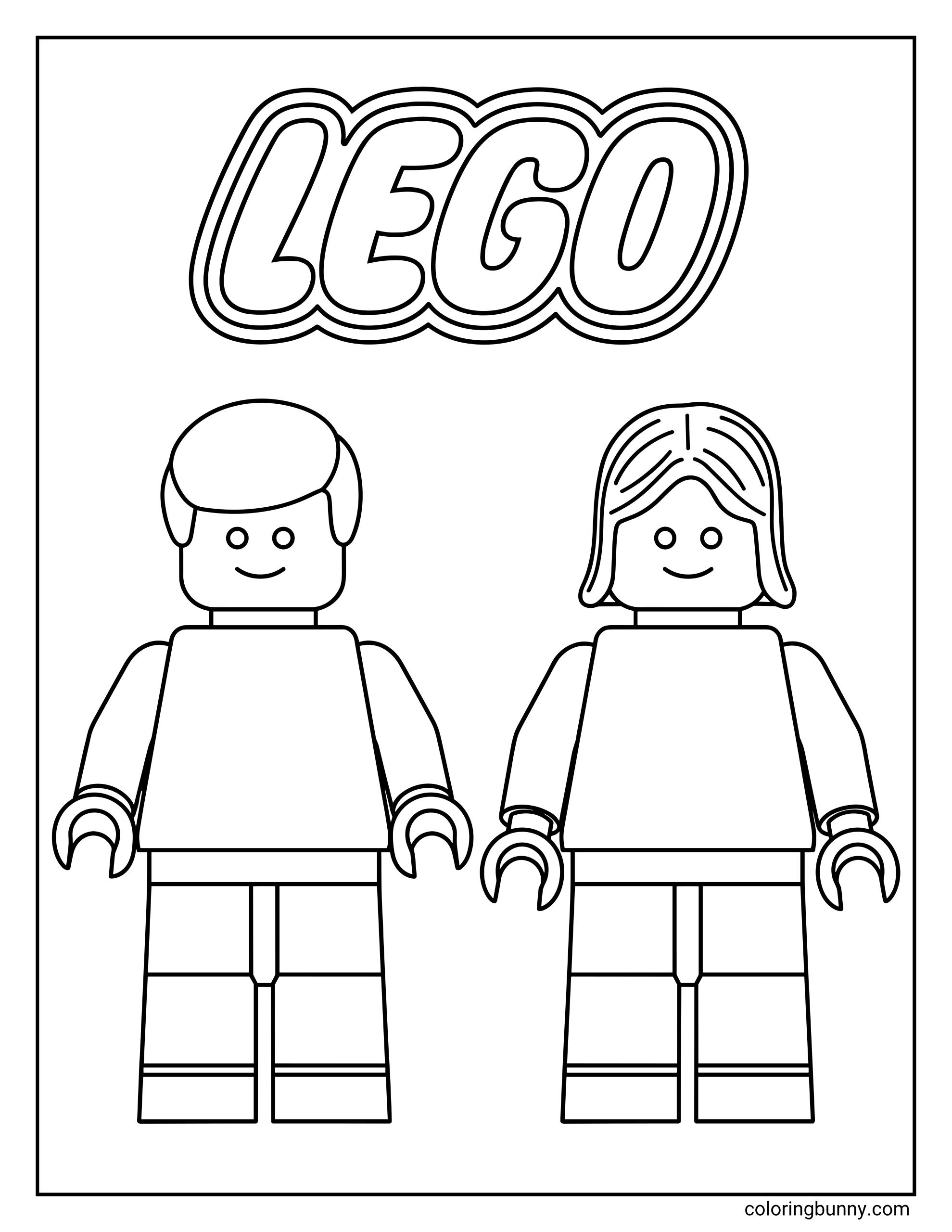An easy LEGO man and woman minifigures coloring page featuring two classic characters standing side-by-side. The design is simple and clean, with a large "LEGO" logo outlined at the top.