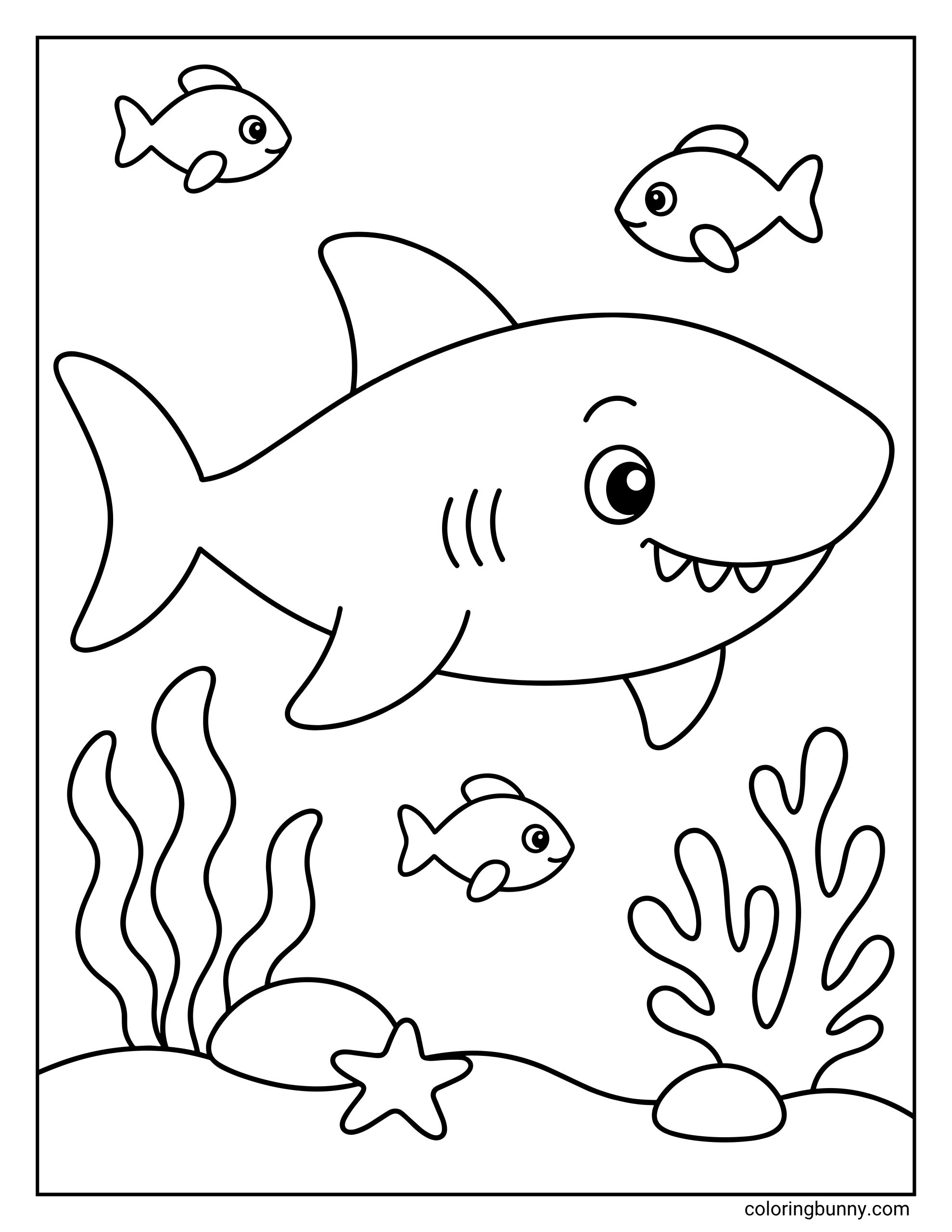 A simple shark coloring page for kids designed with bold, easy-to-color outlines. The underwater scene includes fish, basic shapes for seaweed, coral, and a starfish on the sandy bottom.