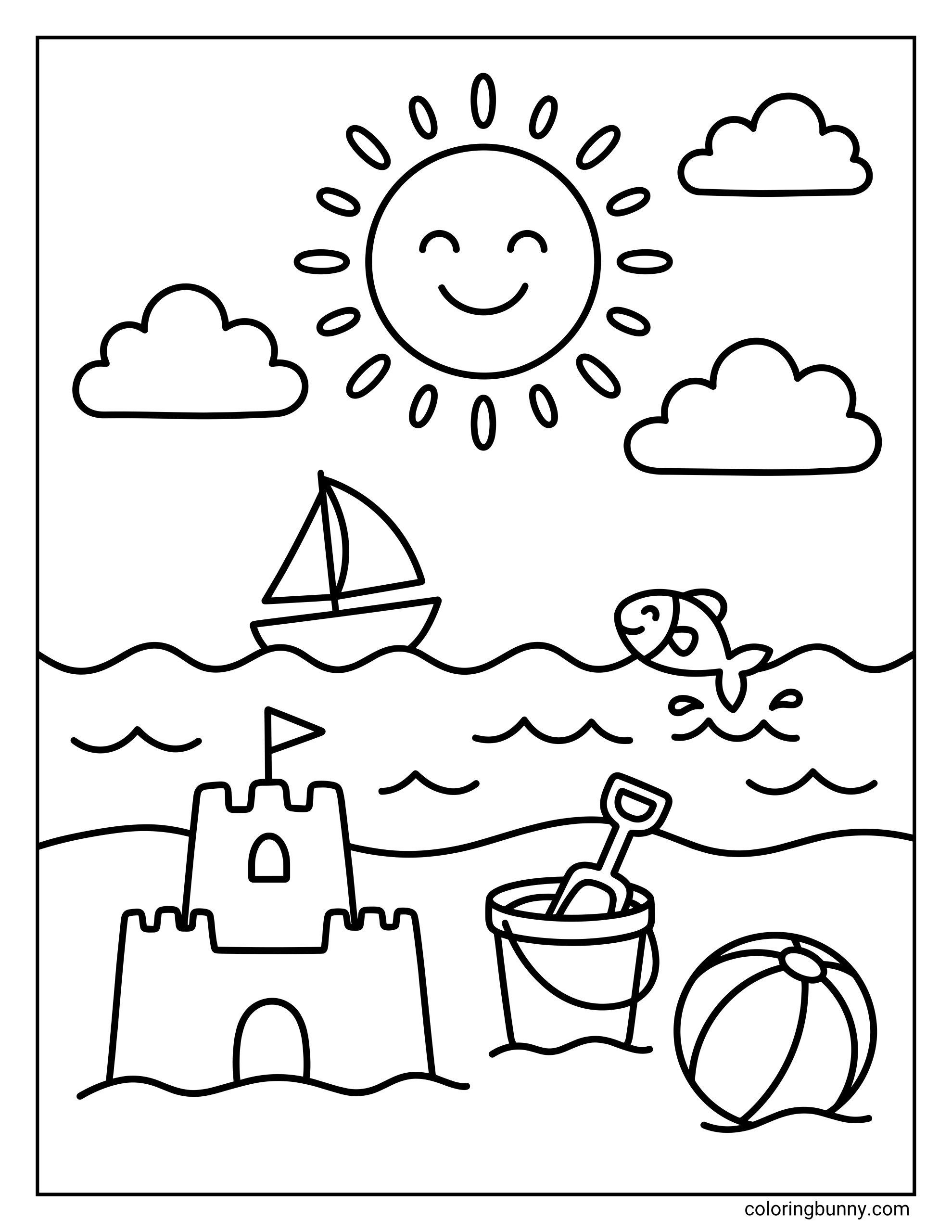 Printable summer coloring page with a sandcastle, bucket, and beach ball on the sand, a sailboat and jumping fish in the water, under a smiling sun.