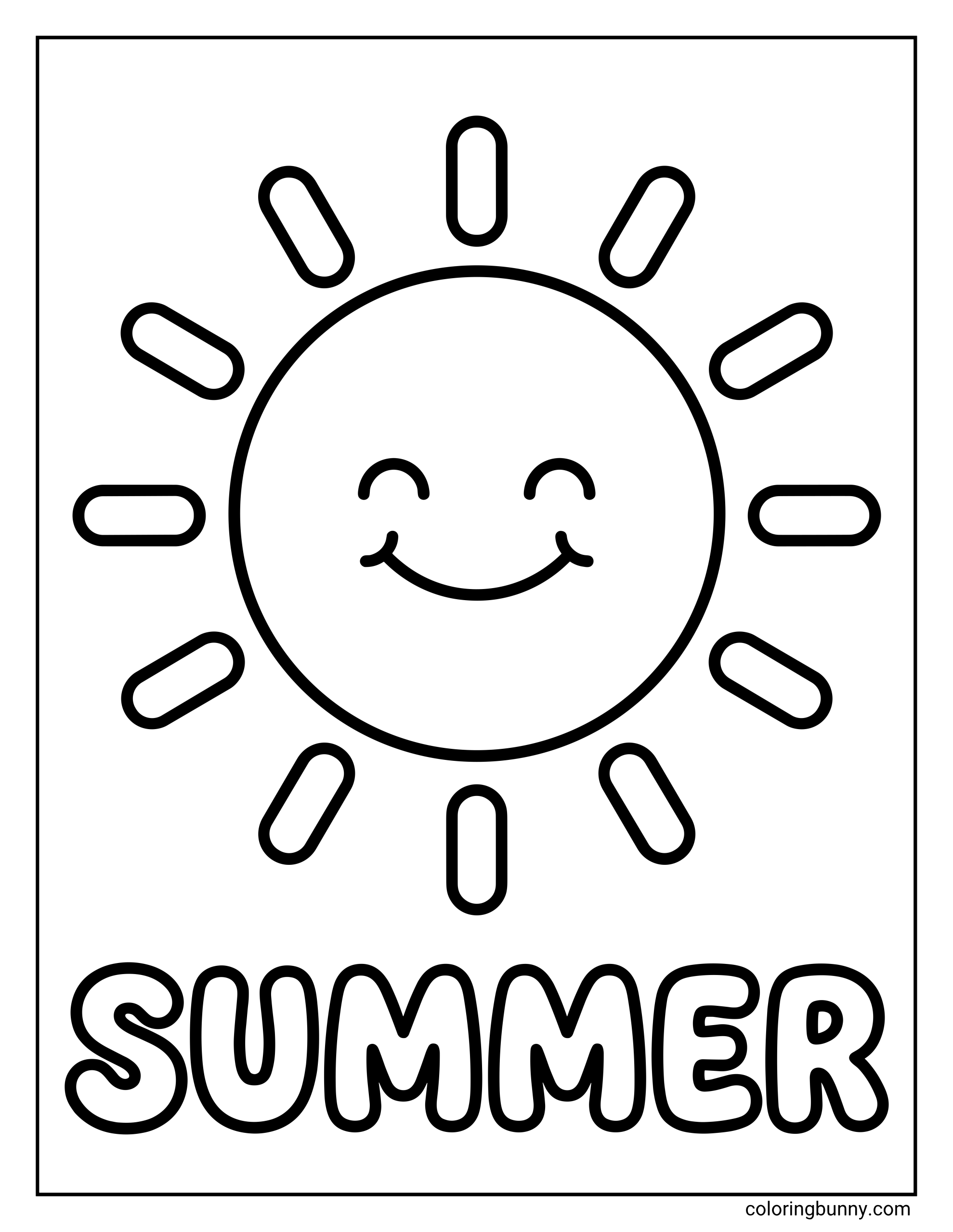 Easy summer coloring page with a large smiling sun above the word 'SUMMER'.