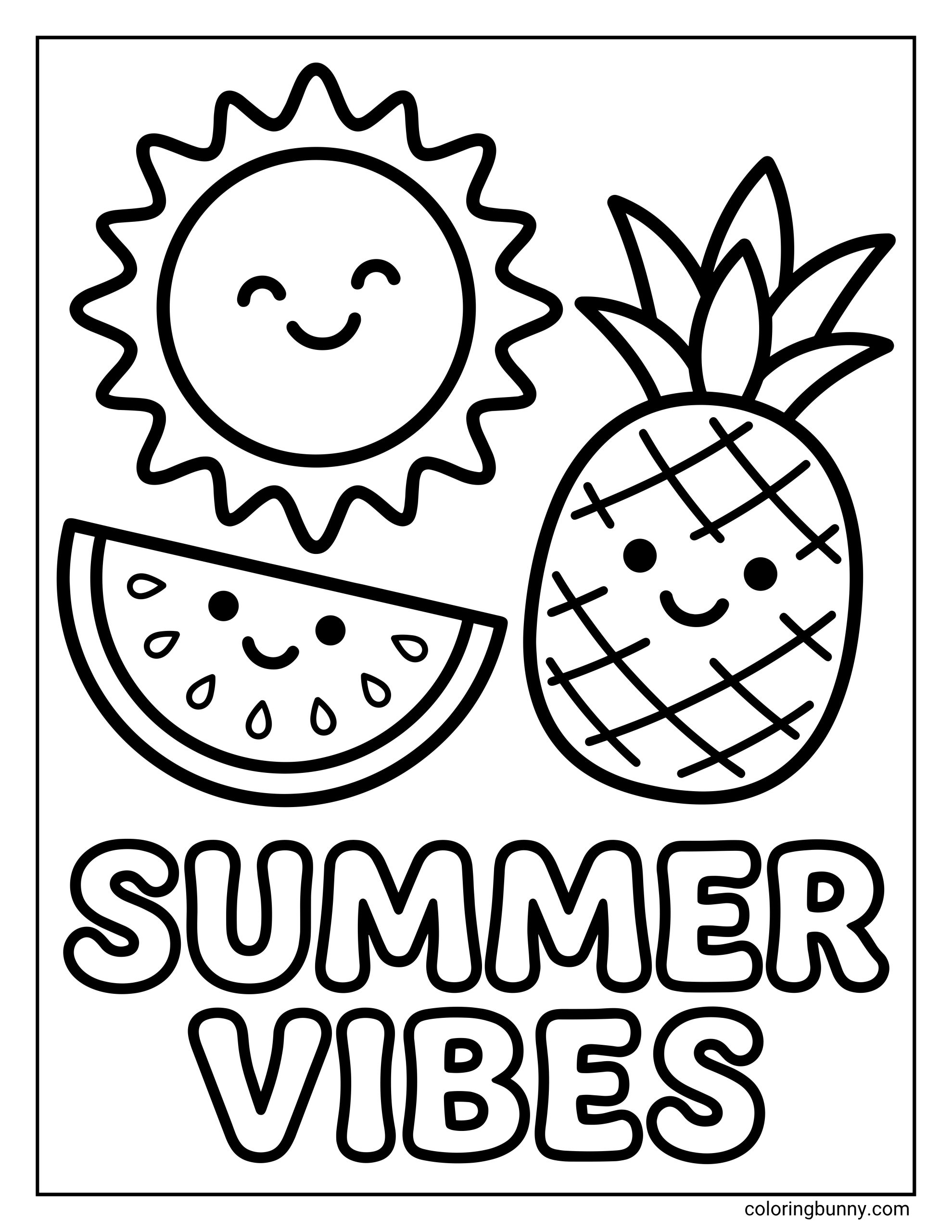 Kids summer coloring page with “SUMMER VIBES” written in large letters and three cute icons above it: a smiling sun, a watermelon slice with seeds, and a pineapple.