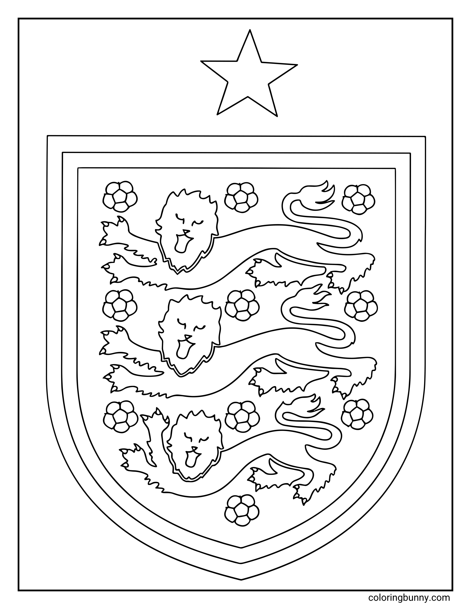 A World Cup 2026 coloring page featuring the England national team crest, known as the Three Lions.