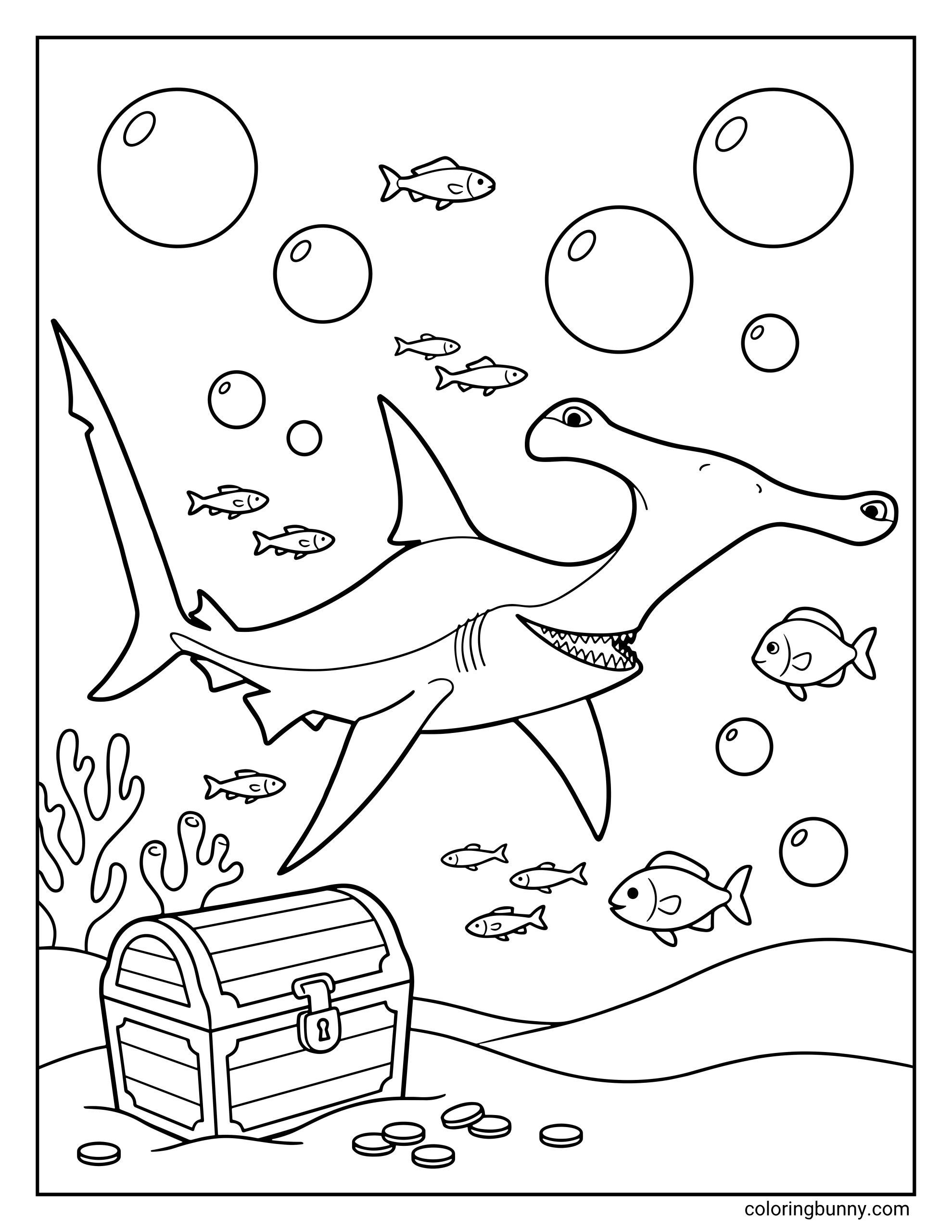 A coloring page of Anchor the hammerhead shark from Finding Nemo gliding past a locked treasure chest. Several small schools of fish and large bubbles float through the deep sea background.
