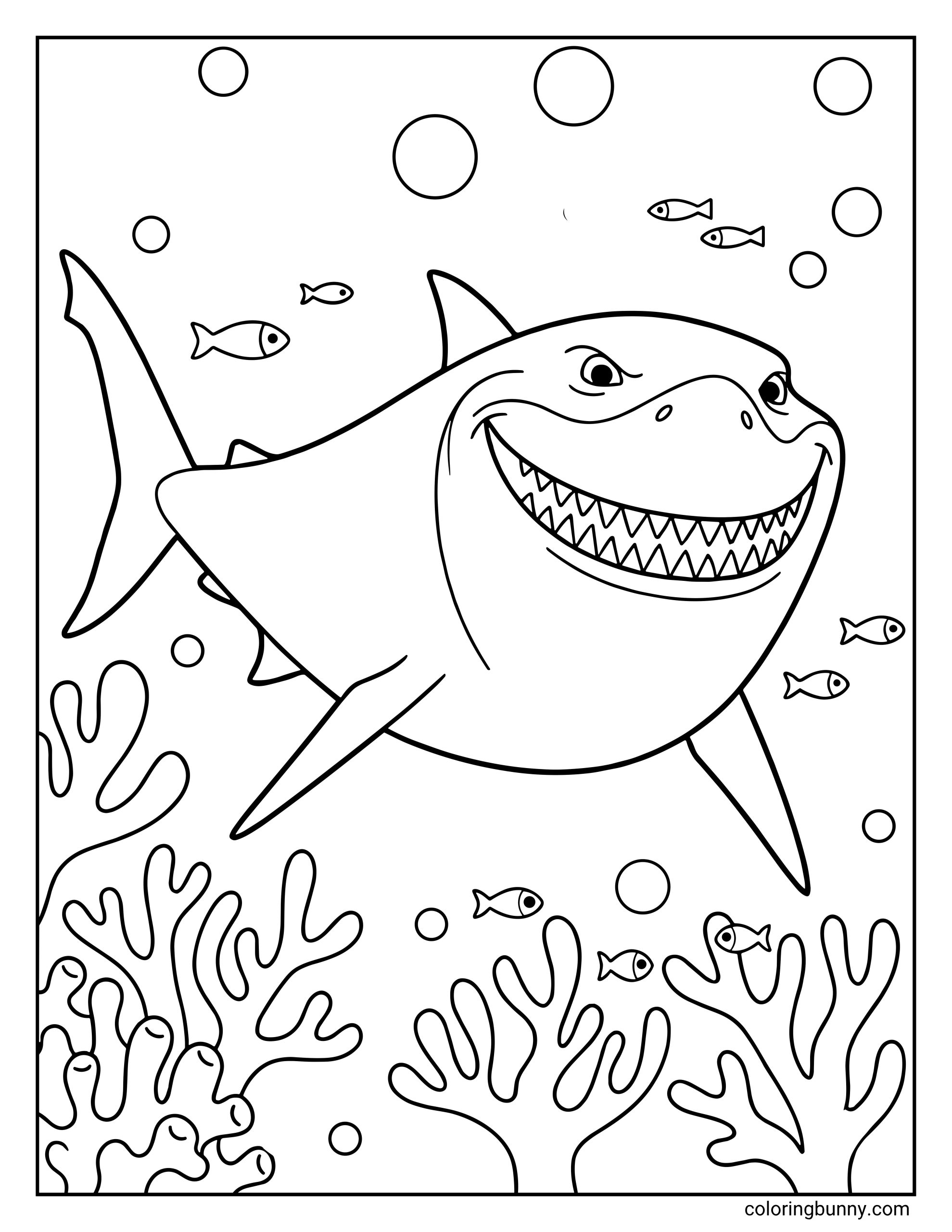 A simple coloring page of Bruce, the large Great White shark from Finding Nemo, with a wide, toothy grin swimming through the ocean. The background includes several tiny fish, bubbles, and tall, detailed coral branches.