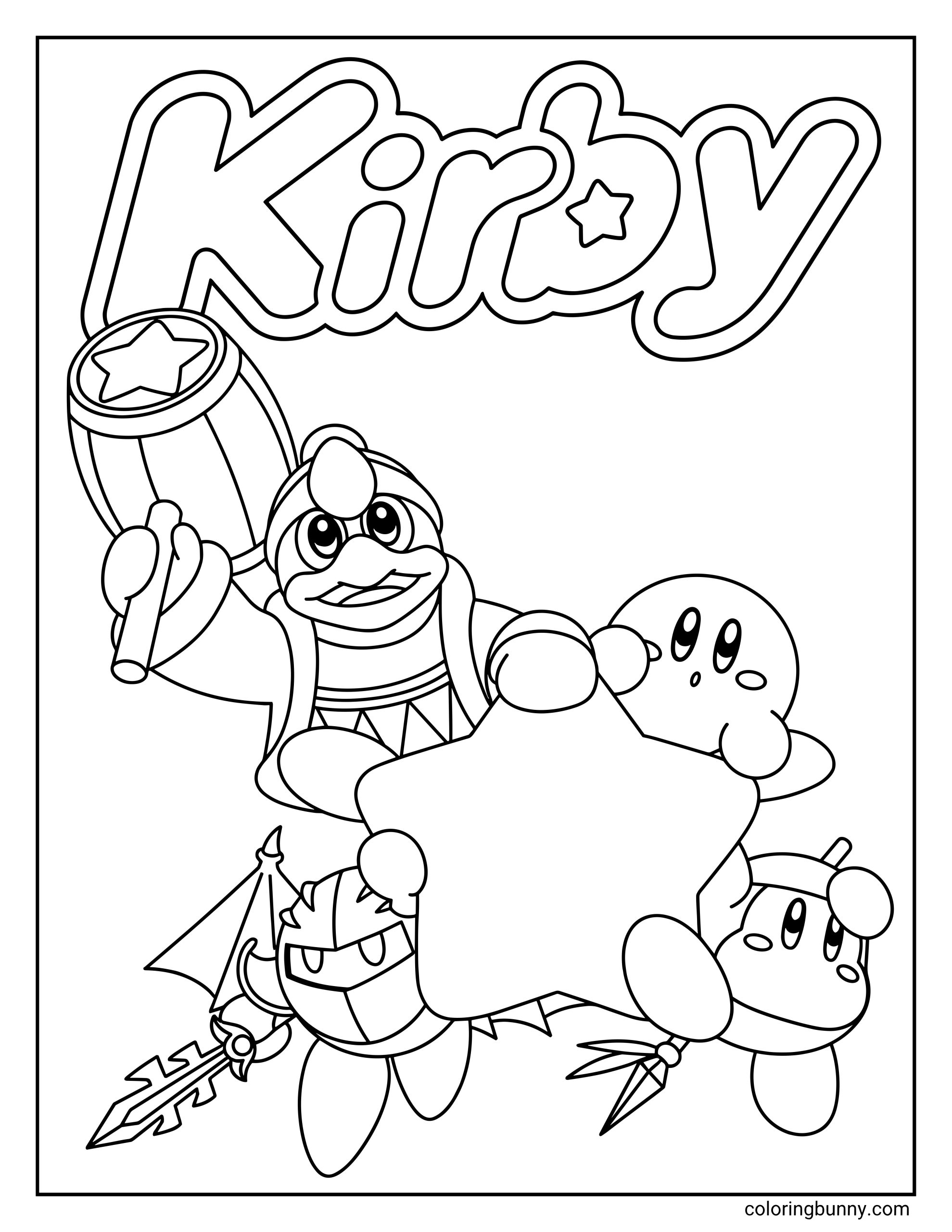 Simple Kirby coloring page of a group pose with King Dedede, a winged Meta Knight, Kirby, and Bandana Waddle Dee carrying a large star beneath the series logo.