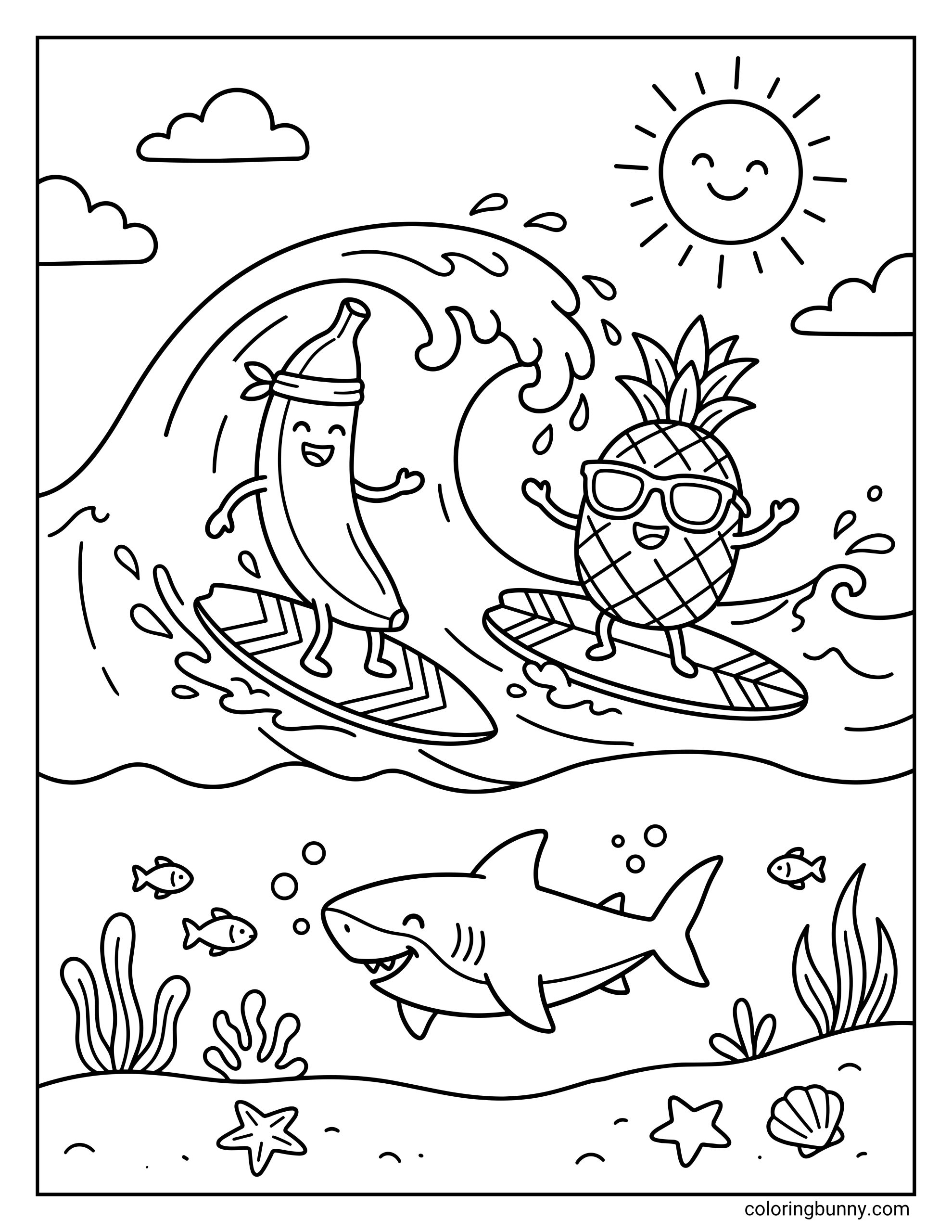 summer coloring page featuring a banana in a bandana and a pineapple wearing sunglasses surfing a massive wave under a smiling sun. Below the water, a happy shark swims among small fish, seaweed, and starfish.