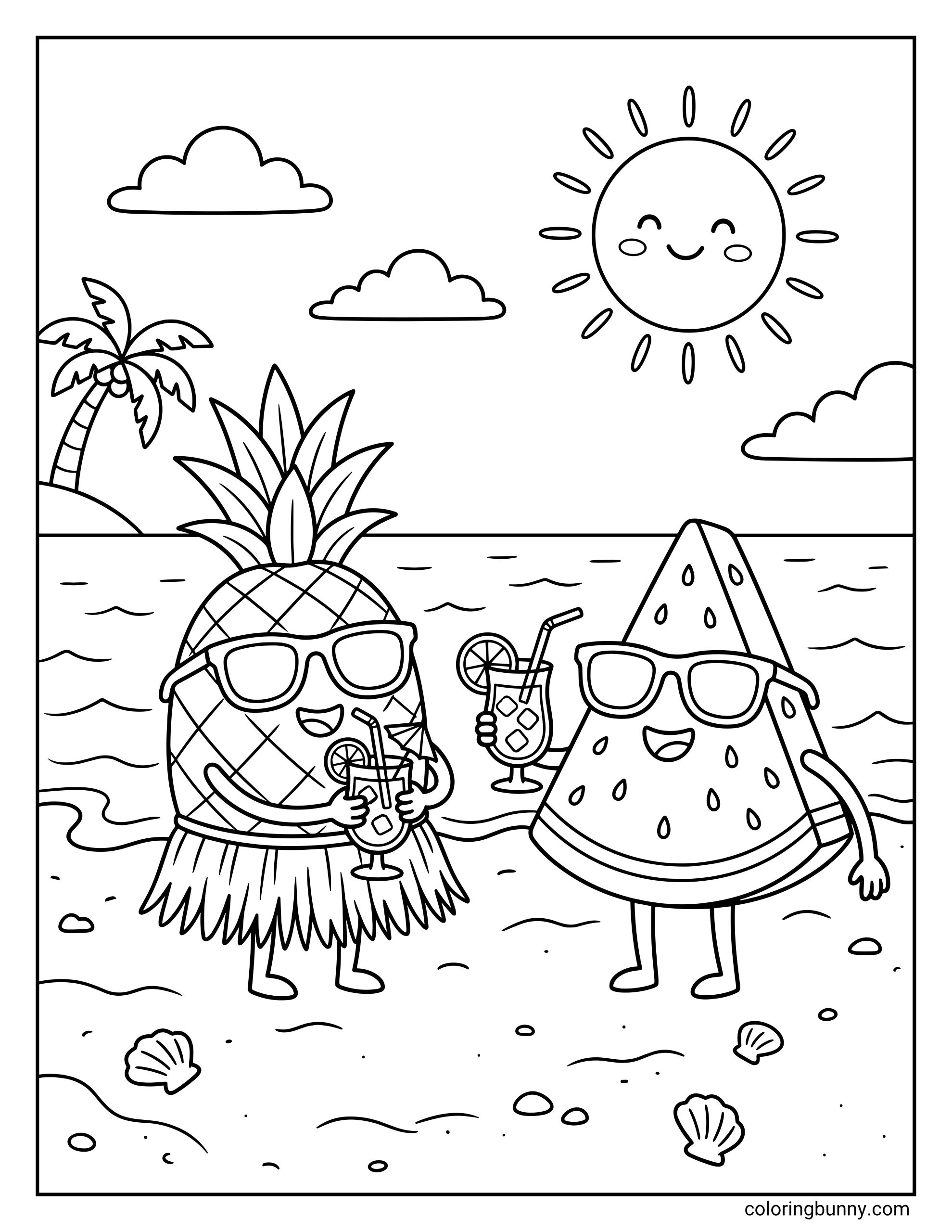 Summer coloring page featuring a smiling pineapple in a grass skirt and a watermelon wearing sunglasses and holding drinks on a beach.