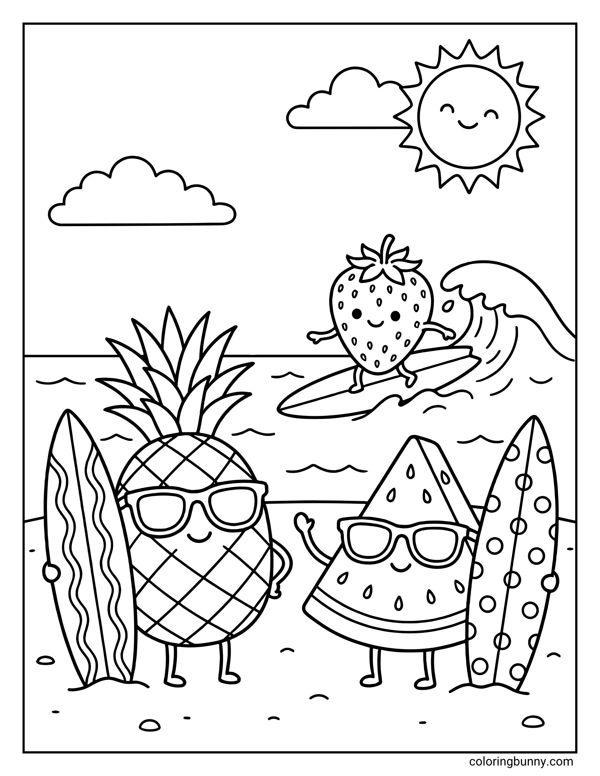 Cute summer coloring page showing a strawberry surfing, with a pineapple and watermelon standing on the shore in sunglasses beside surfboards, under a smiling sun and fluffy clouds.