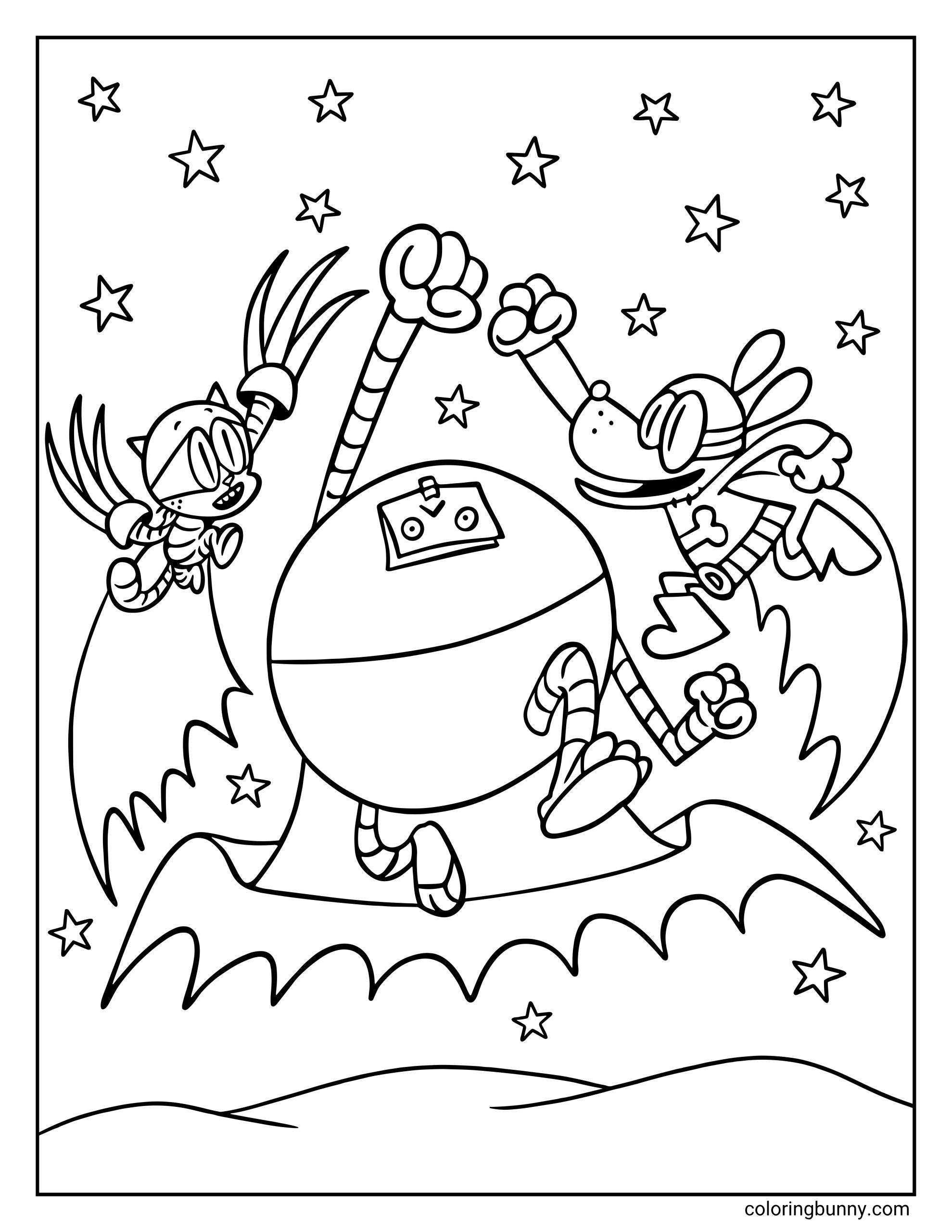 Dog Man coloring sheet of Cat Kid, 80-HD, and Dog Man soaring through a starry night sky. The caped Cat Kid swipes his claws, the round robot 80-HD blasts upward, and Dog Man flies with his fist raised in his bone-logo shirt.