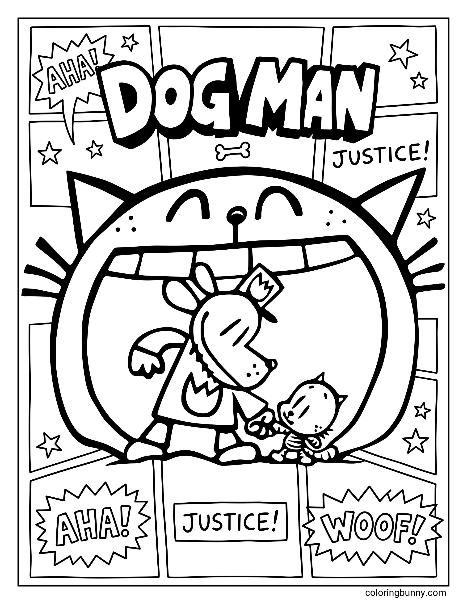 Dog Man coloring sheet of Dog Man and Li'l Petey standing together inside the huge, toothy mouth of a giant Petey the Cat. The scene is framed by classic comic strip panels, floating stars, a dog bone, and bold comic text reading 'DOG MAN' and 'JUSTICE!'.