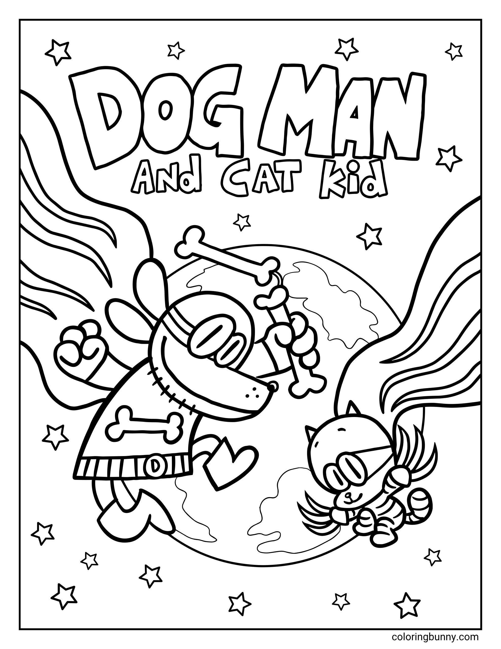 Dog Man and Cat Kid poster coloring sheet of the heroes flying above the world. Dog Man wears boots, goggles, and a utility belt, while Cat Kid shows off his claws and superhero mask, surrounded by twinkling stars and bold title letters at the top.