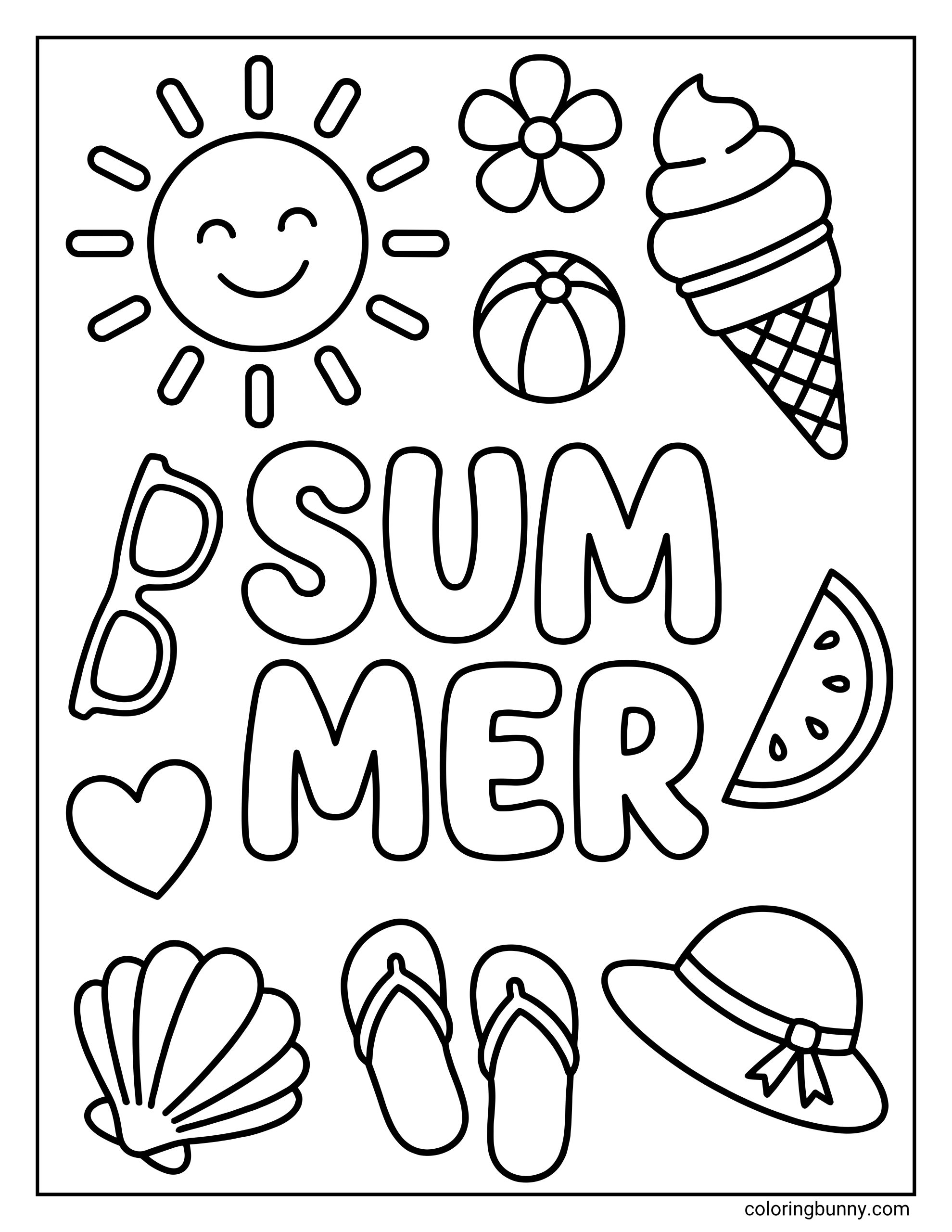Kids summer coloring page showing “SUMMER” in the middle with fun icons around it, including a happy sun, flower, ice cream, beach ball, sunglasses, heart, watermelon, shell, sandals, and hat.