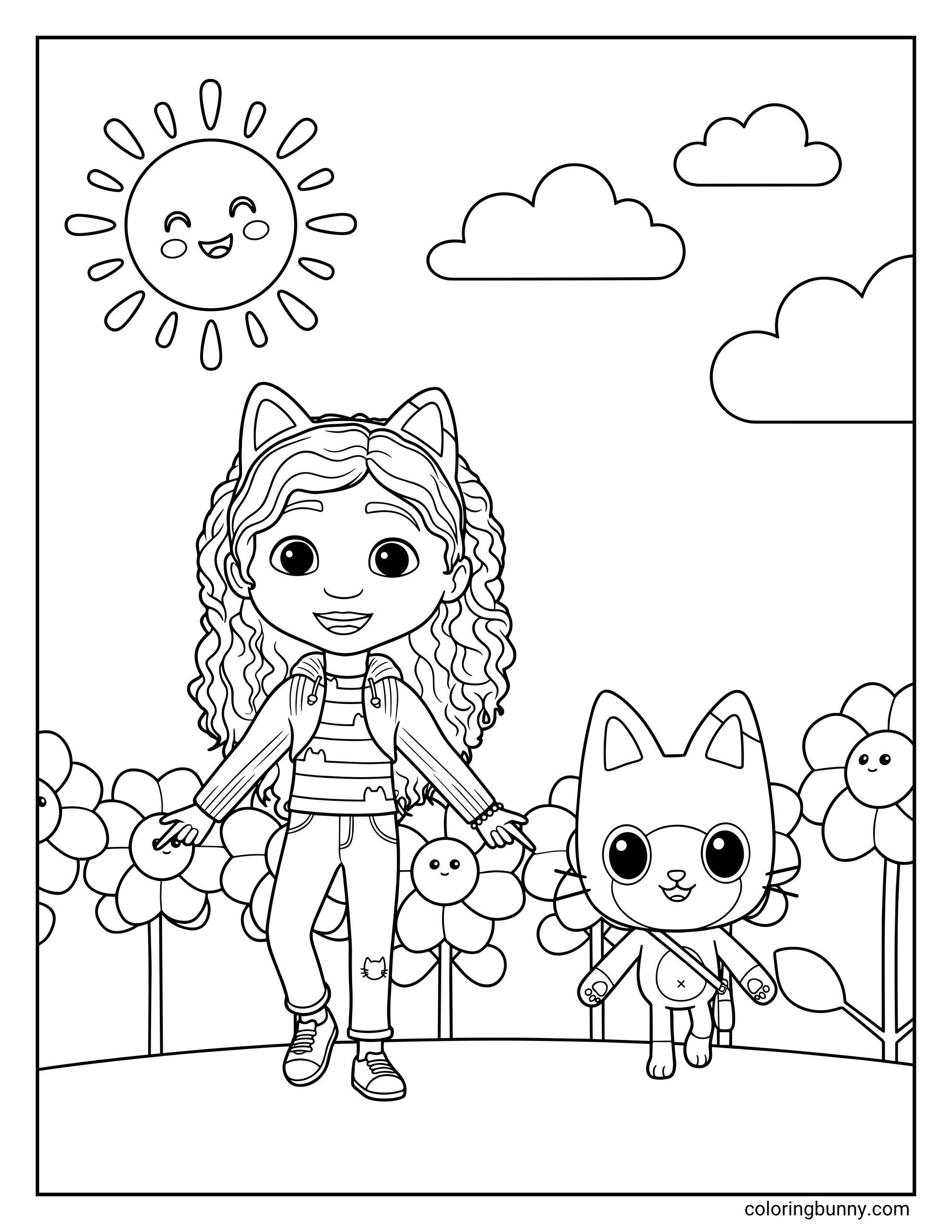A coloring page of Gabby and Pandy Paws from Gabby's Dollhouse showcasing a magical garden scene, complete with a smiling sun, clouds, and cheerful blooming flowers.